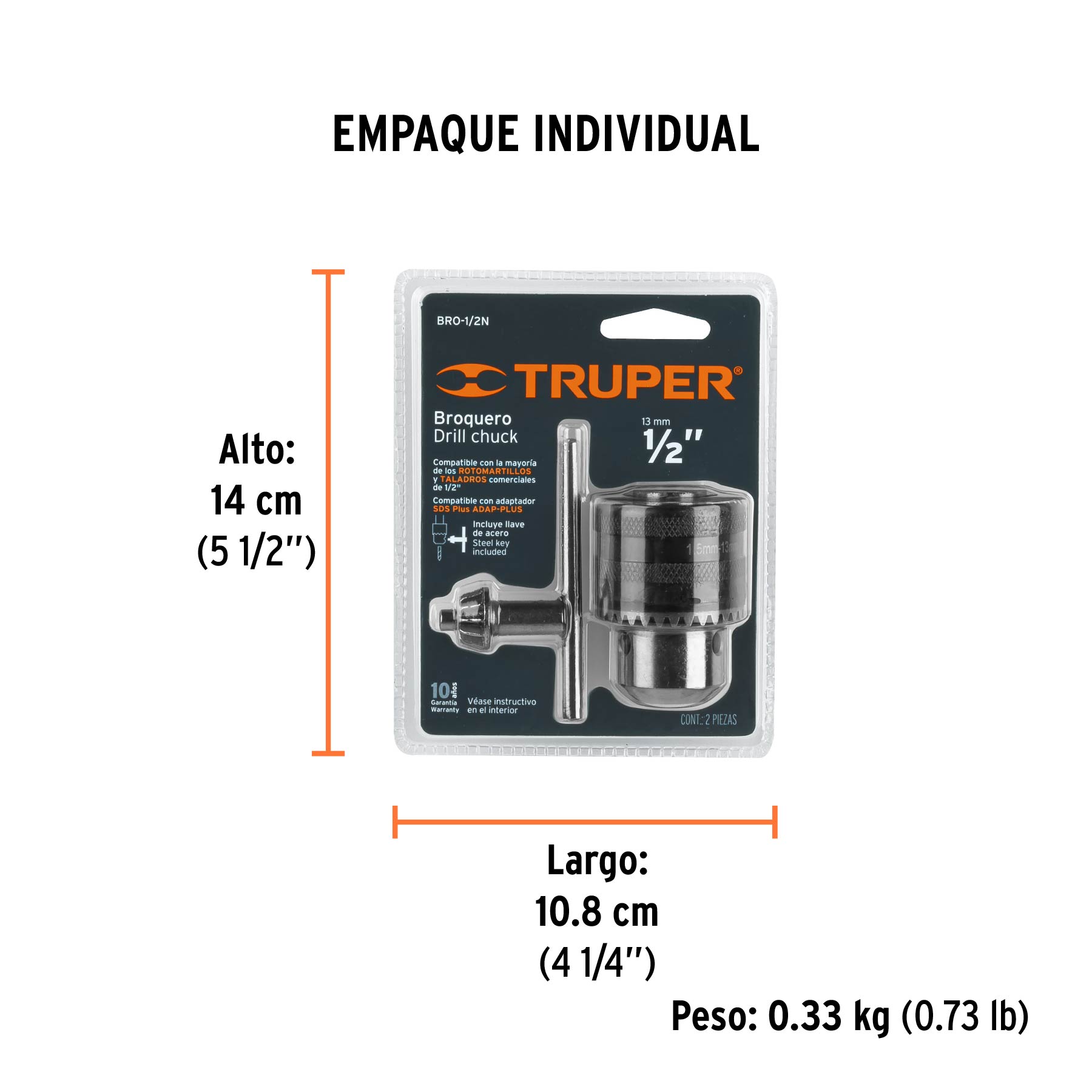 Broquero 1/2" con llave, cuerpo moleteado, TRUPER TRUPER