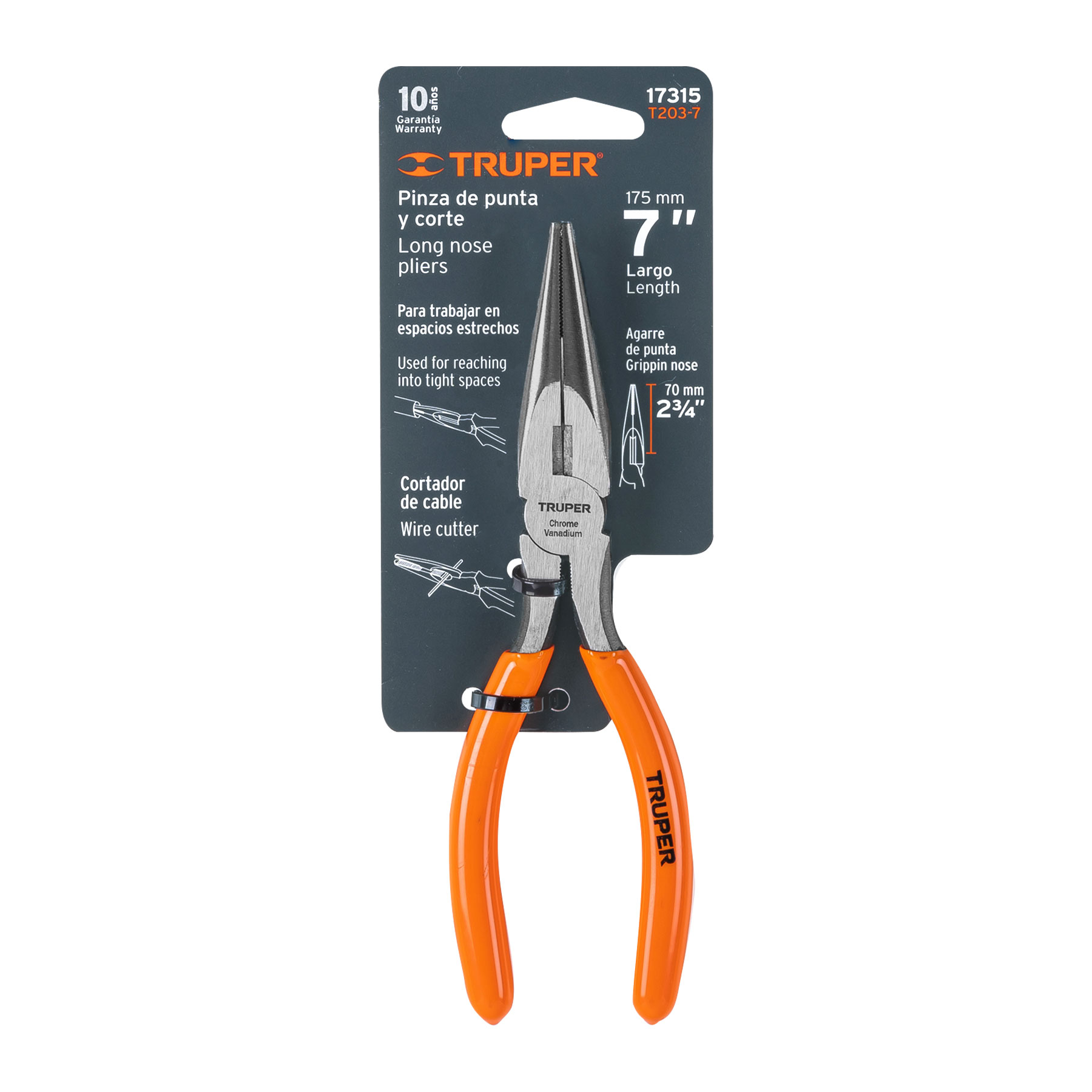 Pinza de punta y corte 7" mango de PVC, TRUPER TRUPER