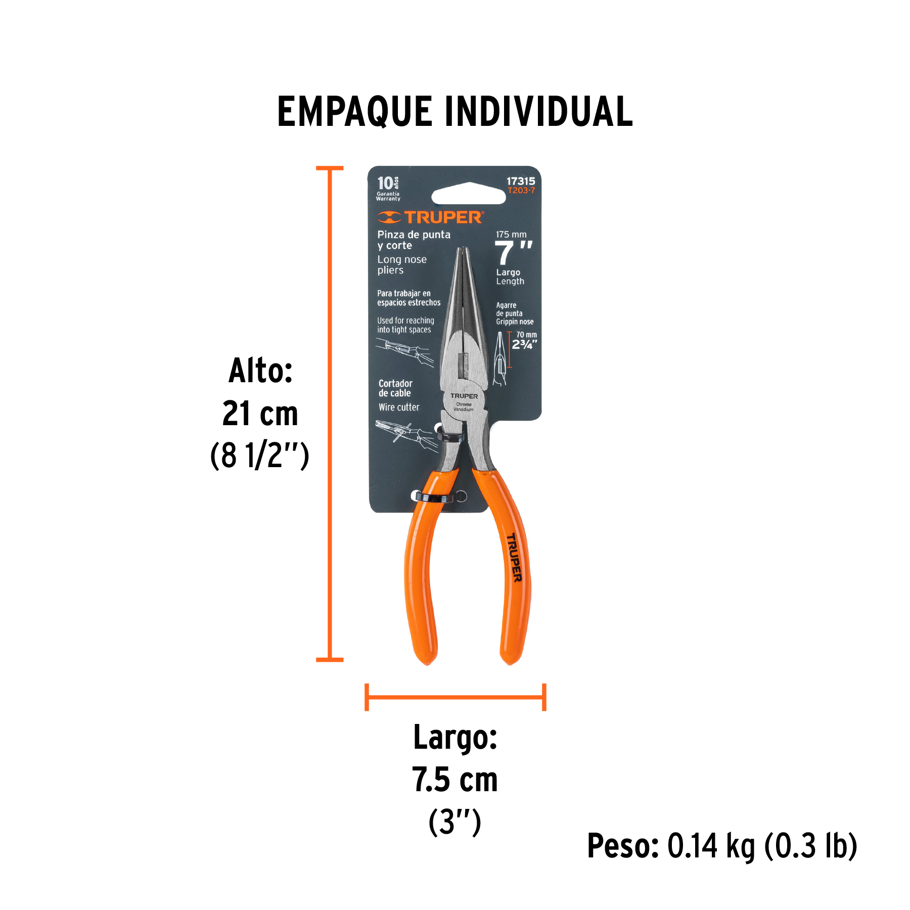 Pinza de punta y corte 7" mango de PVC, TRUPER TRUPER