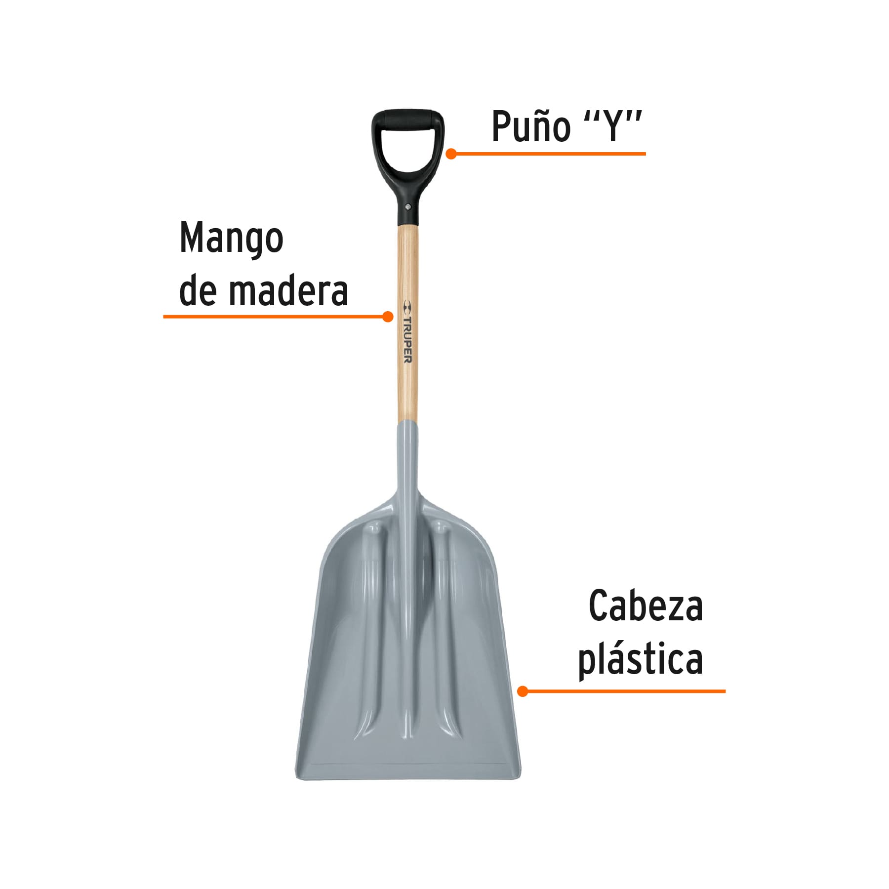 Pala sanitaria cabeza plástica, puño "Y", mango 27", TRUPER TRUPER