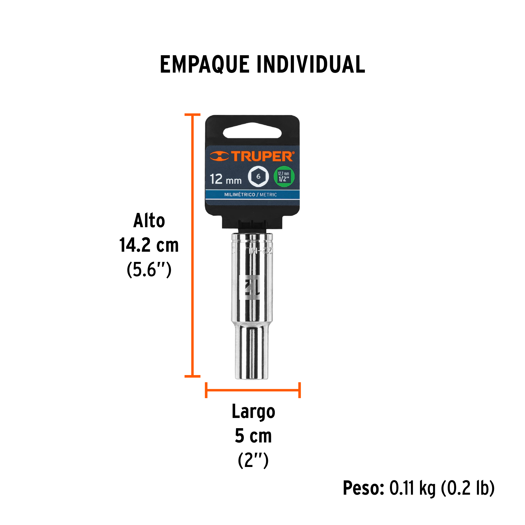 Dado largo de 12 mm, 6 puntas, cuadro 1/2", TRUPER TRUPER