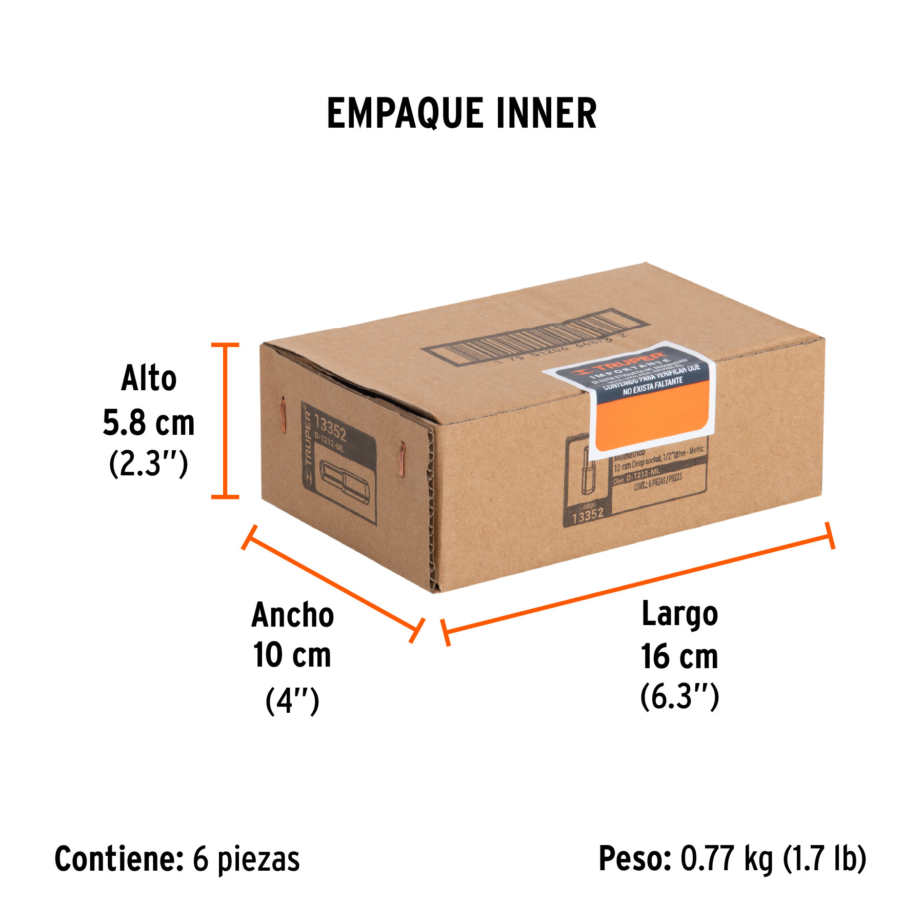 Dado largo de 12 mm, 6 puntas, cuadro 1/2", TRUPER TRUPER