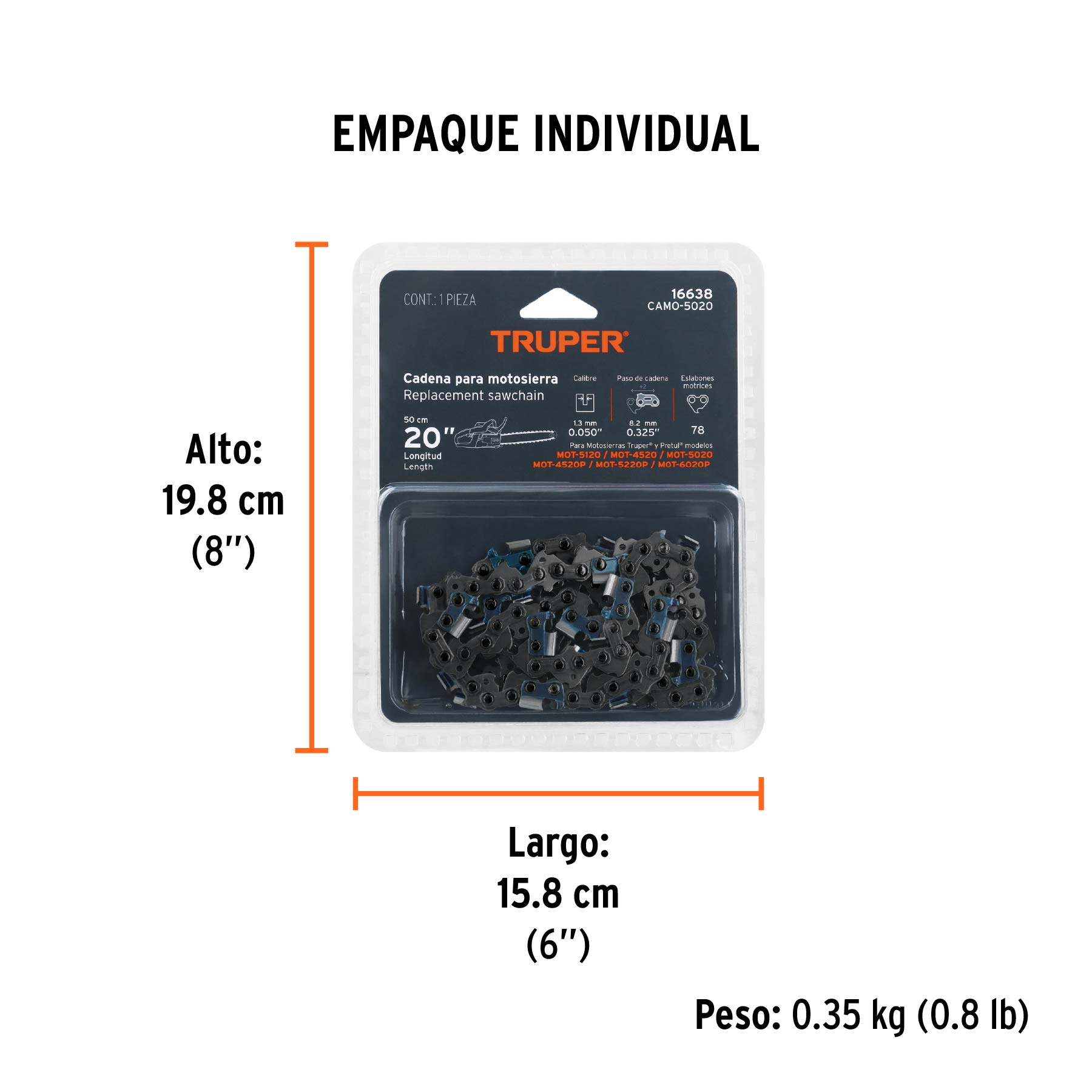 Cadena repuesto 20" para motosierra a gasolina 50cc, TRUPER TRUPER
