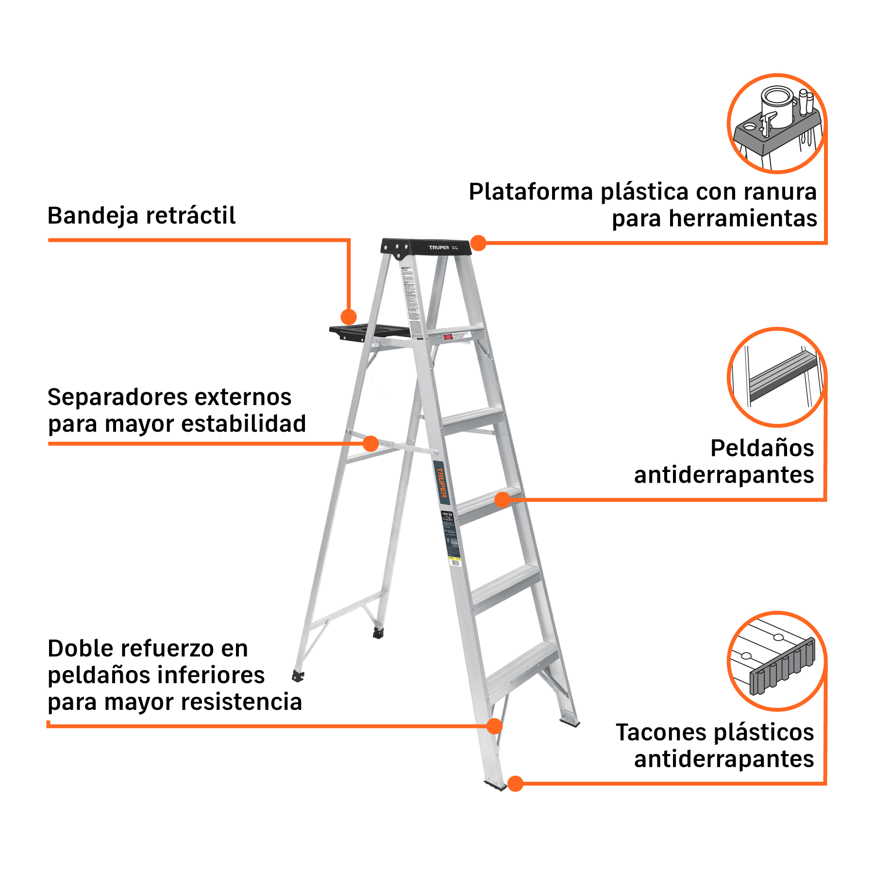 Escalera de tijera, tipo III, 5 peldaños y bandeja, TRUPER TRUPER