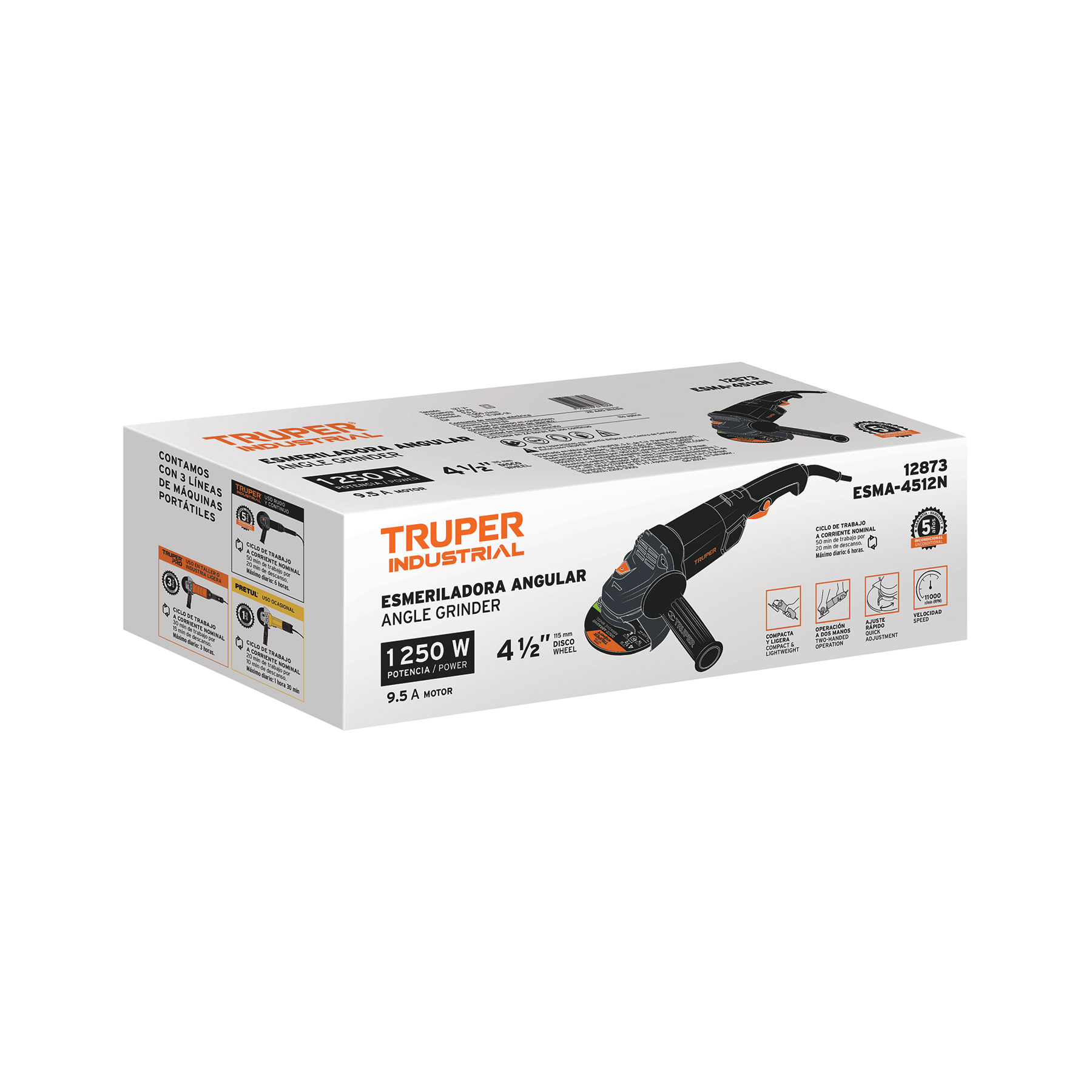Esmeriladora angular 4-1/2", 1250W, TRUPER INDUSTRIAL TRUPER