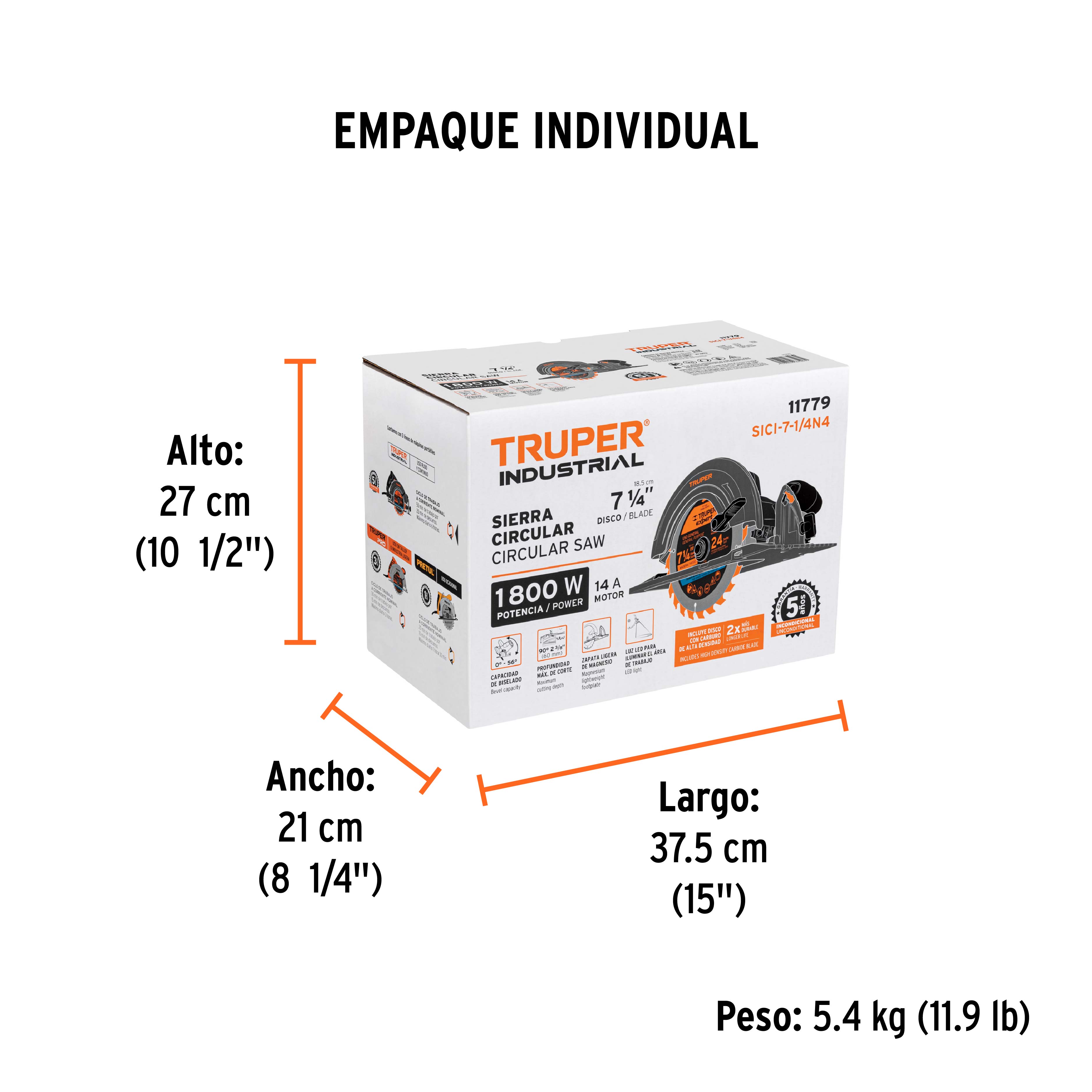 Sierra circular 7-1/4", 1800W, TRUPER INDUSTRIAL TRUPER