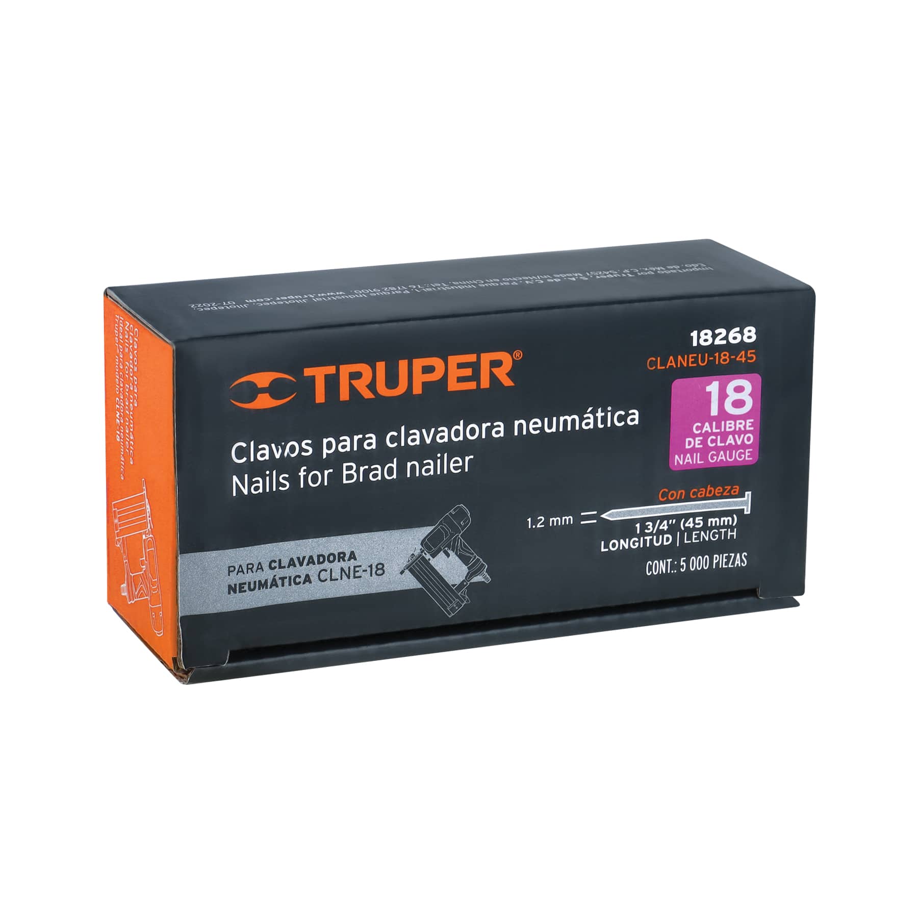 Caja con 5000 clavos calibre 18, 45 mm para CLNE-18, TRUPER TRUPER