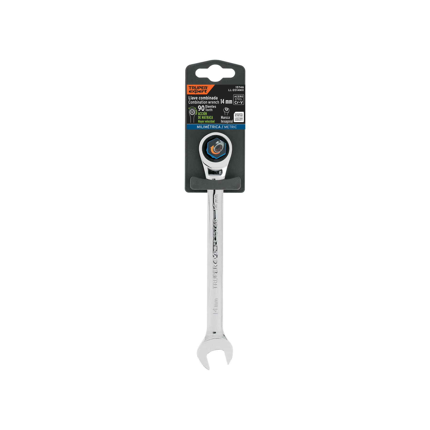 Llave combinada con matraca 14 mm x 186 mm largo, EXPERT TRUPER