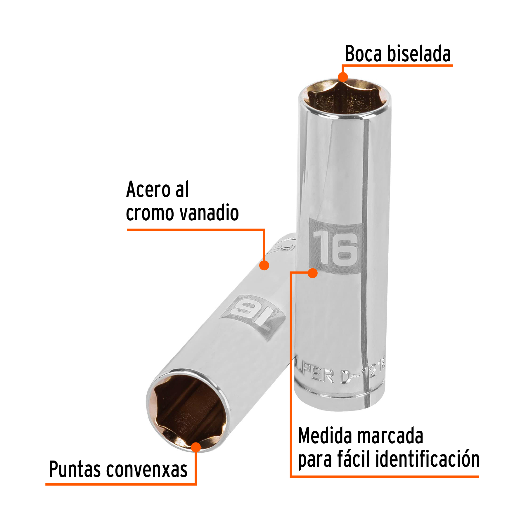 Dado largo de 16 mm, 6 puntas, cuadro 1/2", TRUPER TRUPER