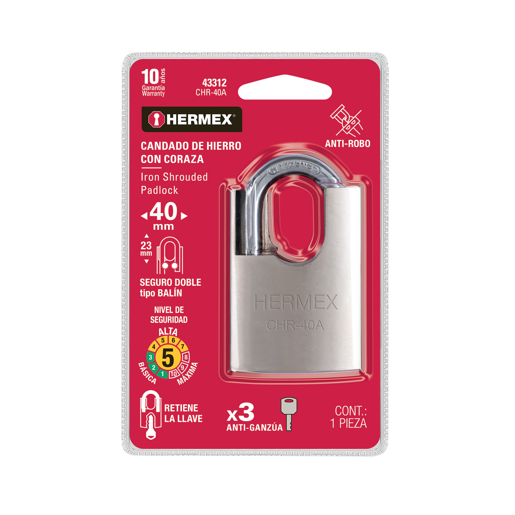 Candado de hierro 40 mm con coraza, llave de disco, HERMEX TRUPER