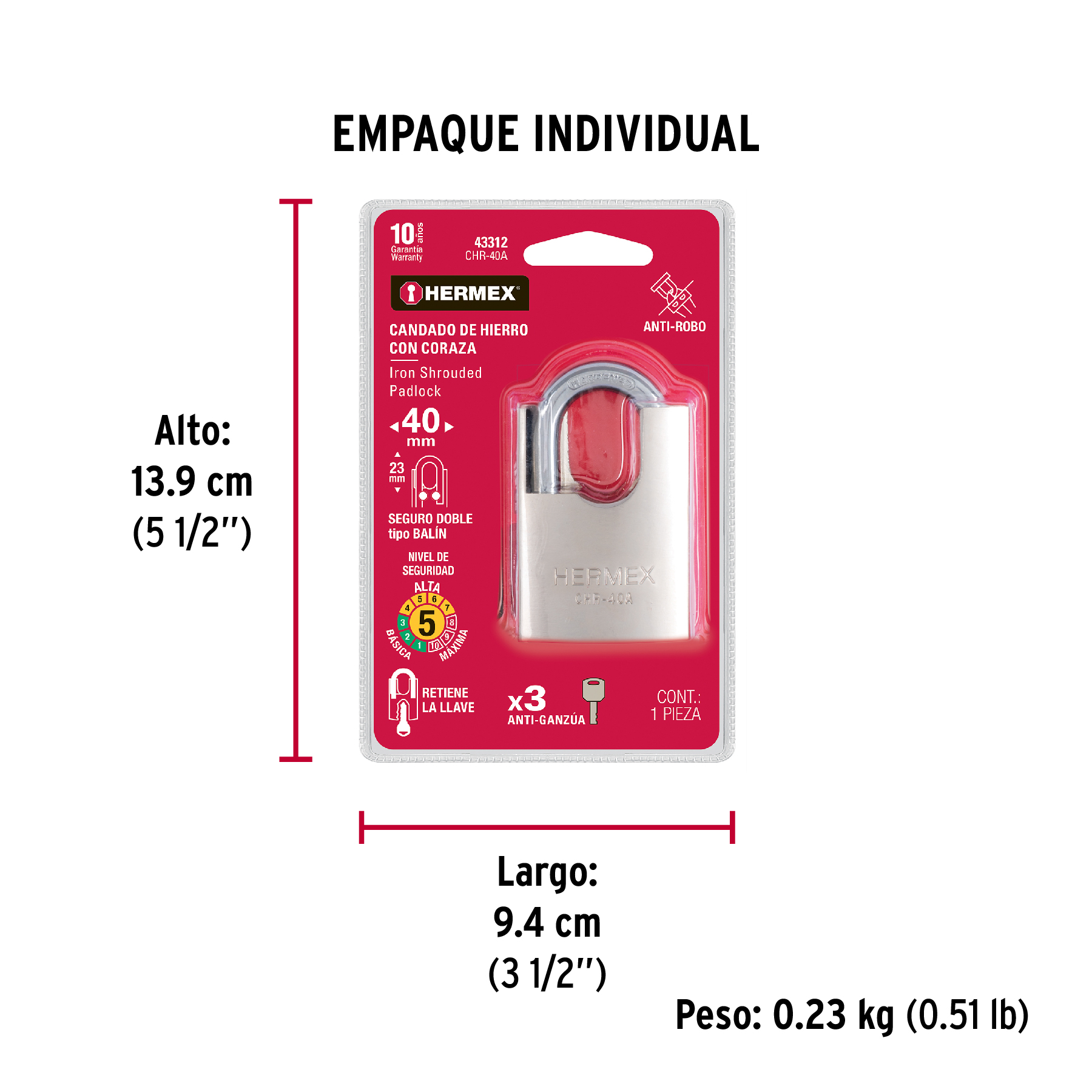 Candado de hierro 40 mm con coraza, llave de disco, HERMEX TRUPER