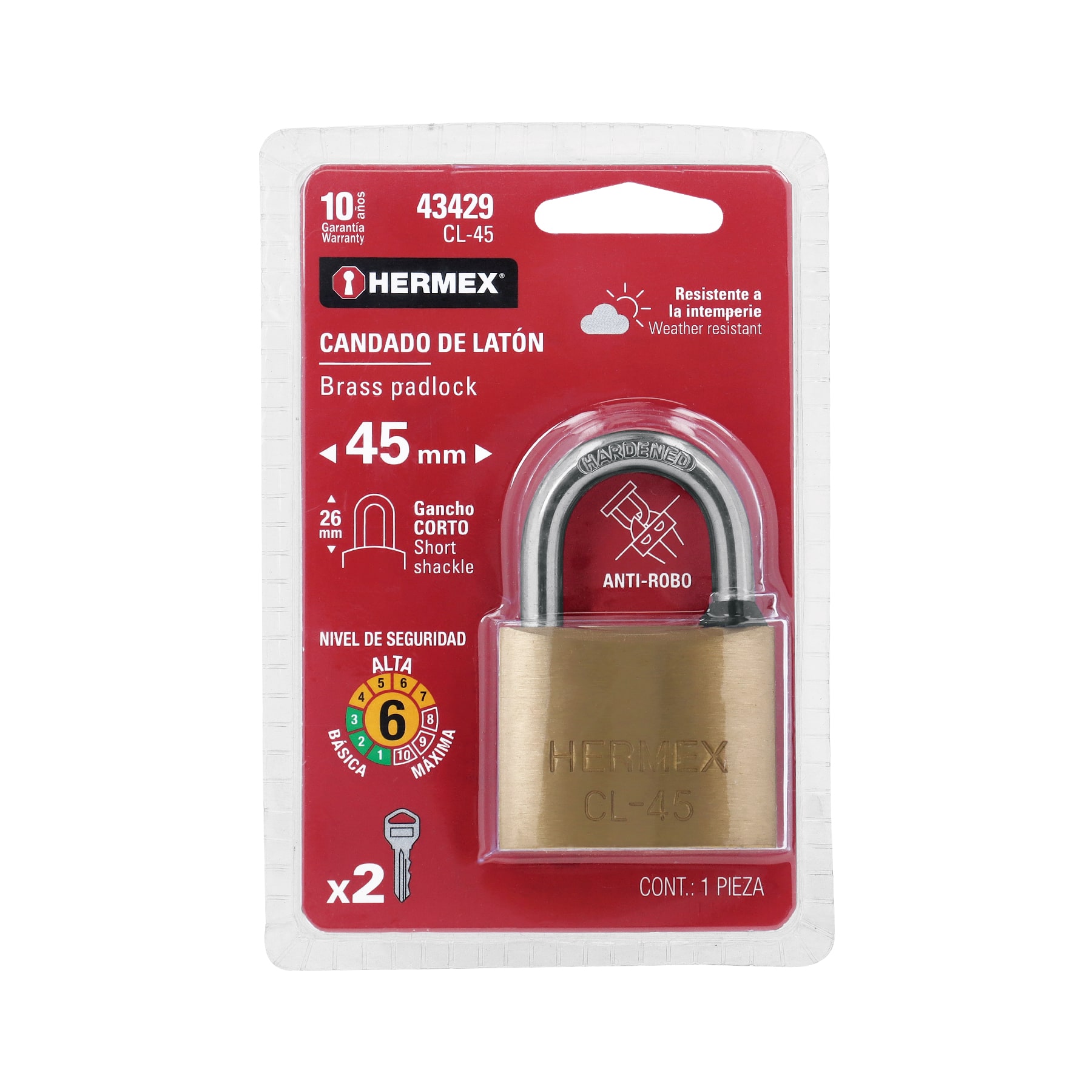 Candado de latón 45 mm gancho corto en blíster, HERMEX TRUPER