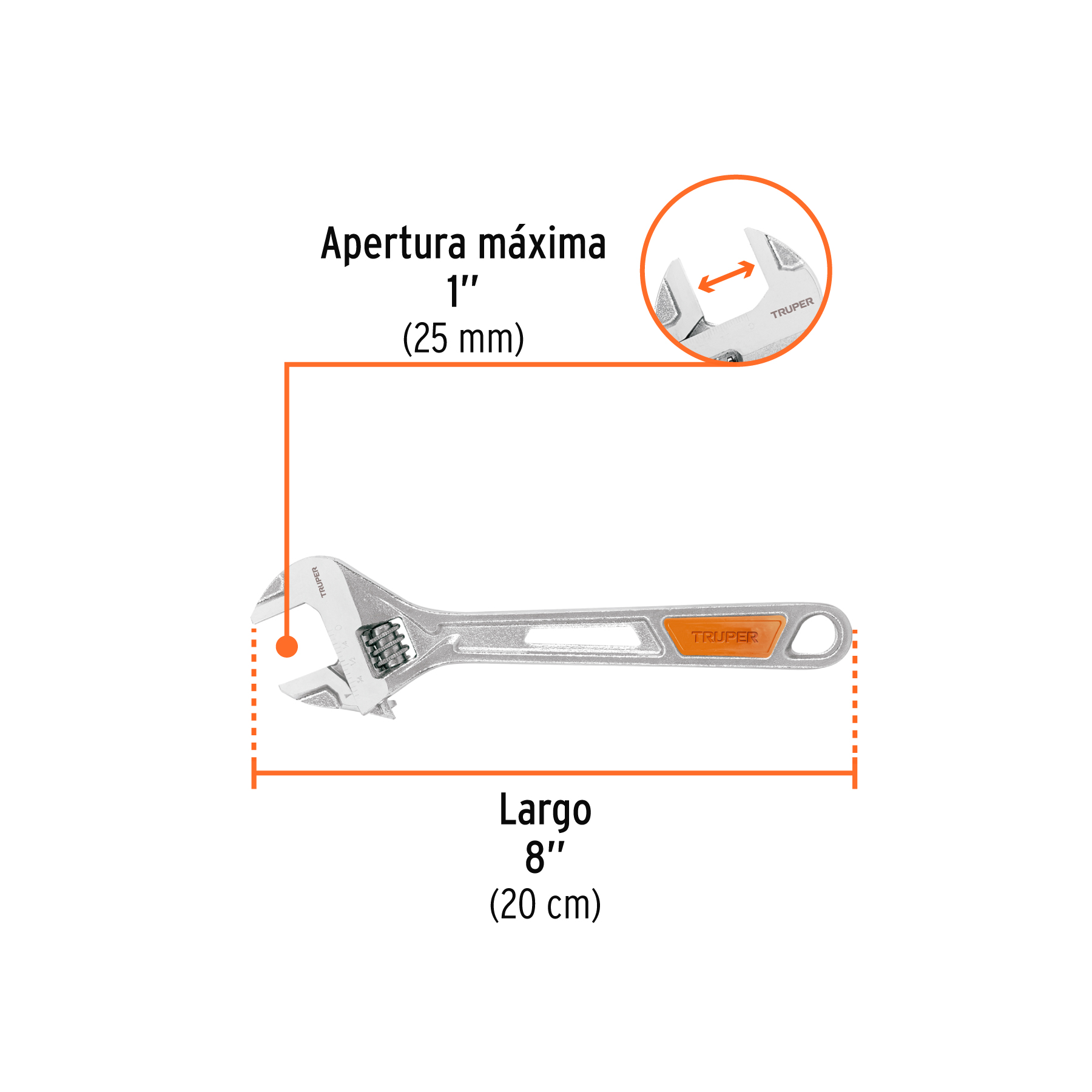 Llave ajustable (perico) 8" cromada, TRUPER TRUPER
