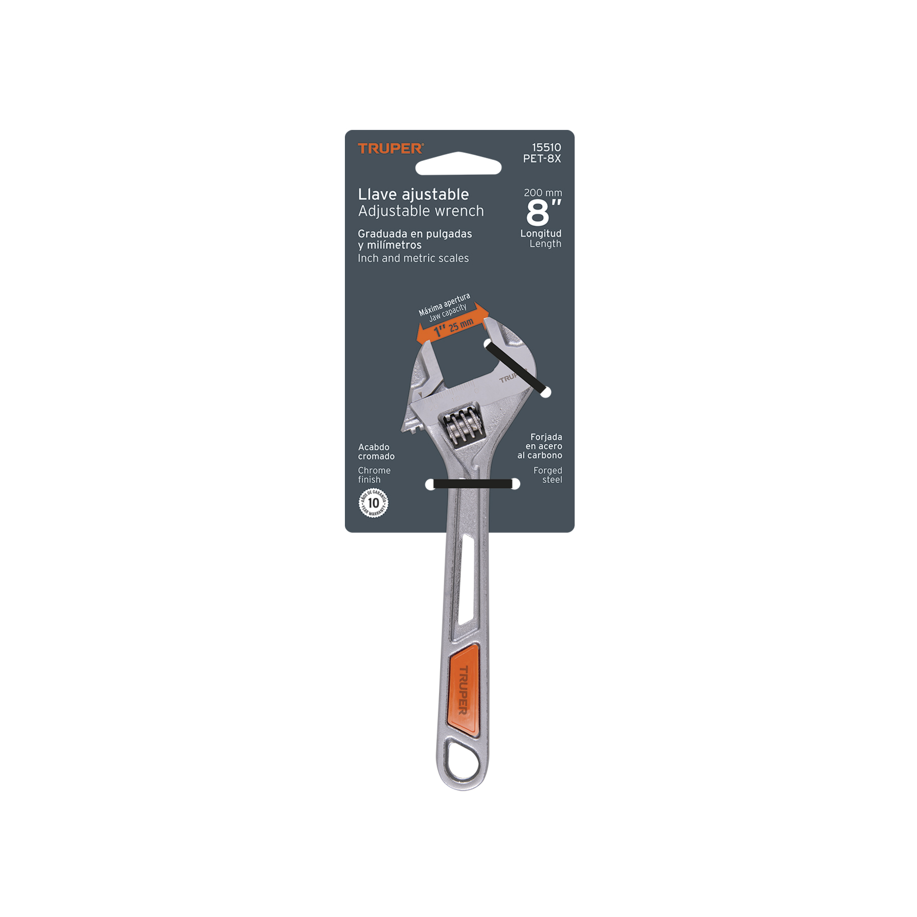 Llave ajustable (perico) 8" cromada, TRUPER TRUPER