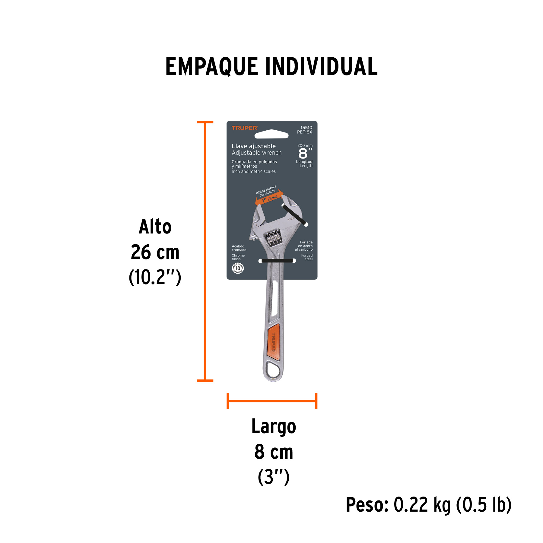 Llave ajustable (perico) 8" cromada, TRUPER TRUPER