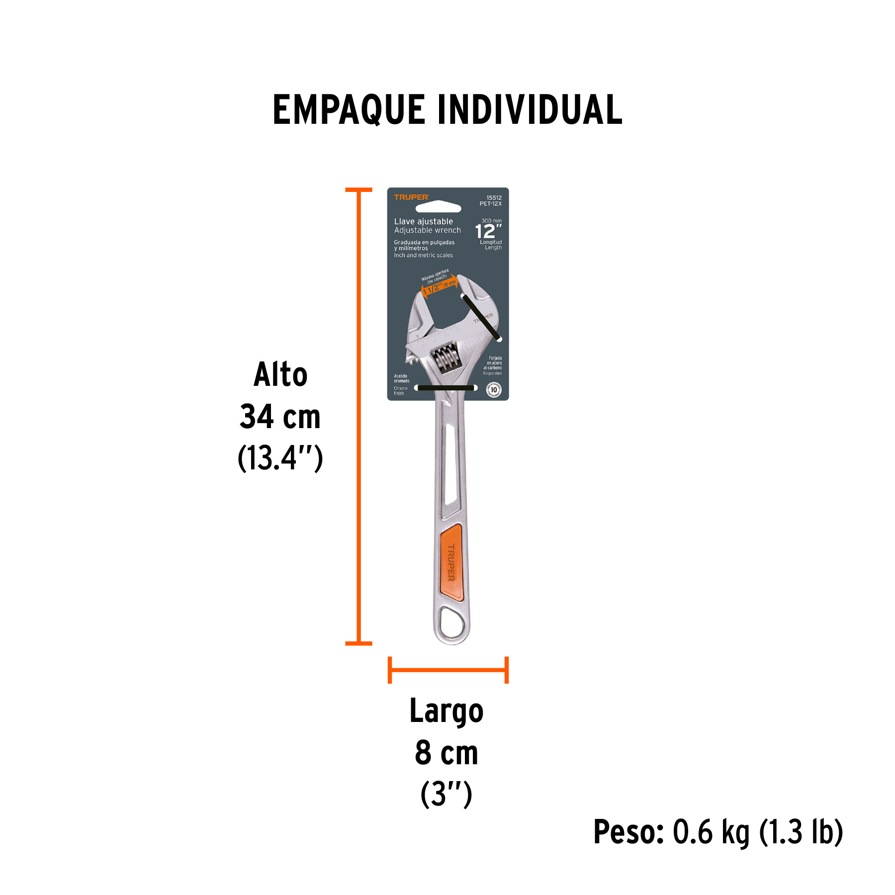 Llave ajustable (perico) 12" cromada, TRUPER TRUPER