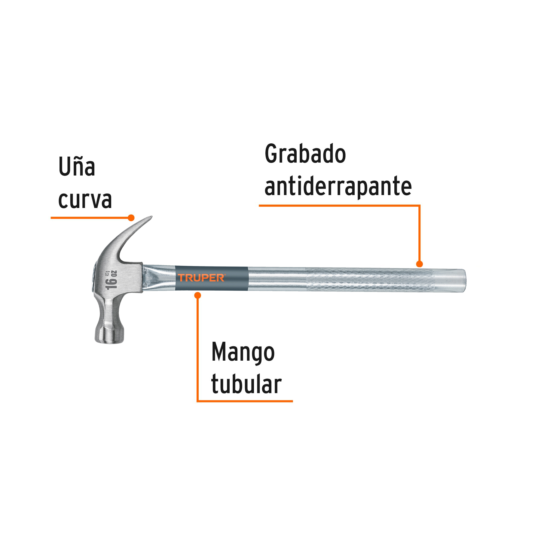 Martillo tubular pulido 16 oz uña curva, TRUPER TRUPER