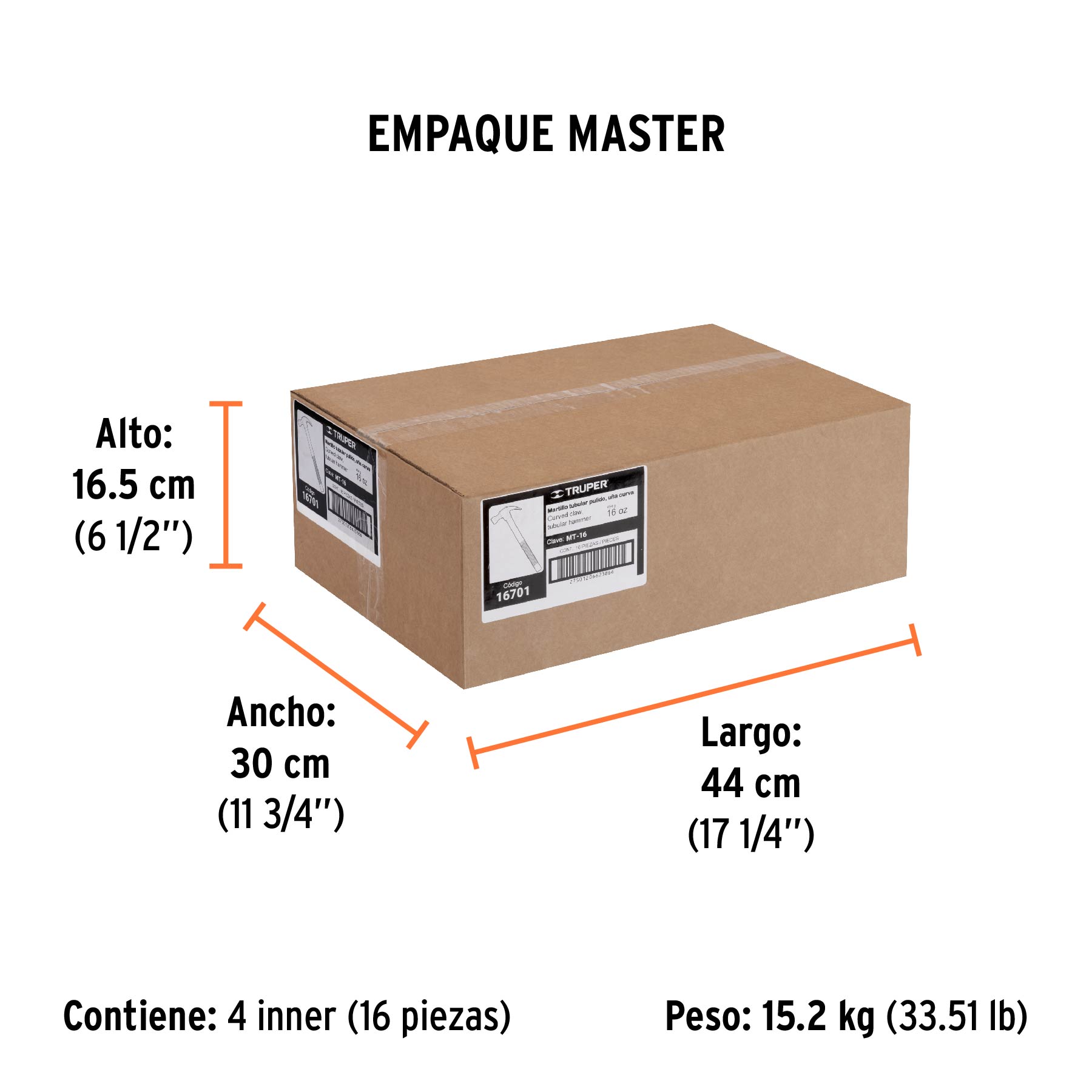 Martillo tubular pulido 16 oz uña curva, TRUPER TRUPER