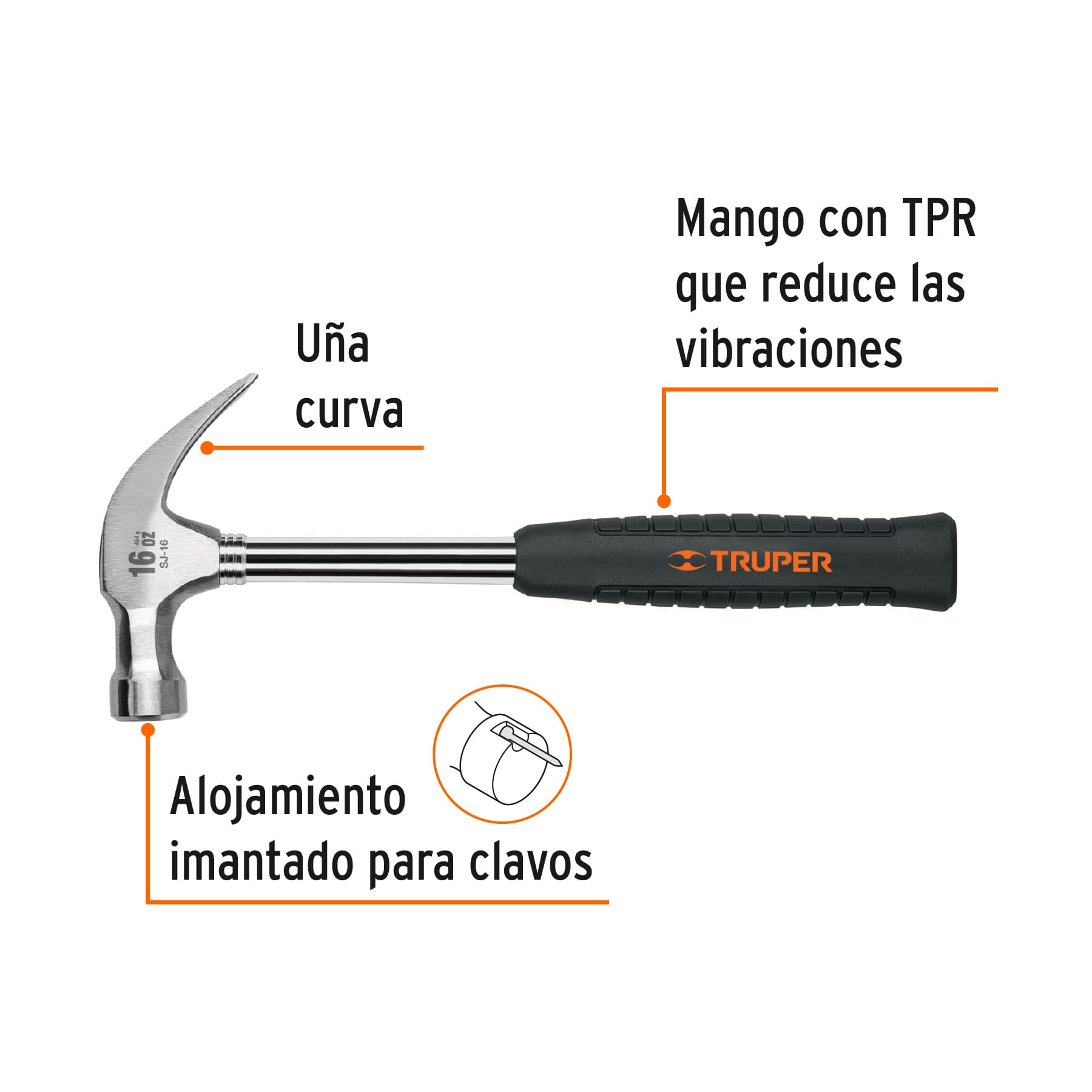 Martillo pulido 16 oz uña curva, mango tubular c/neopreno TRUPER