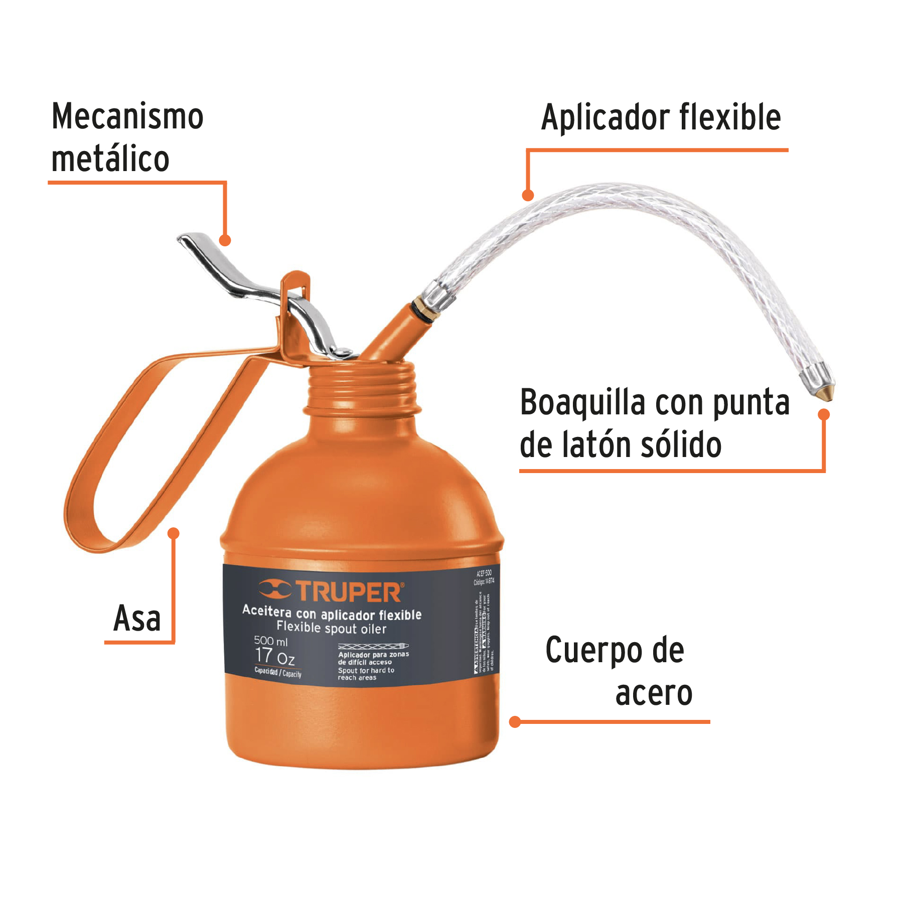 Aceitera de 500 ml (17 oz) con aplicador flexible, TRUPER TRUPER