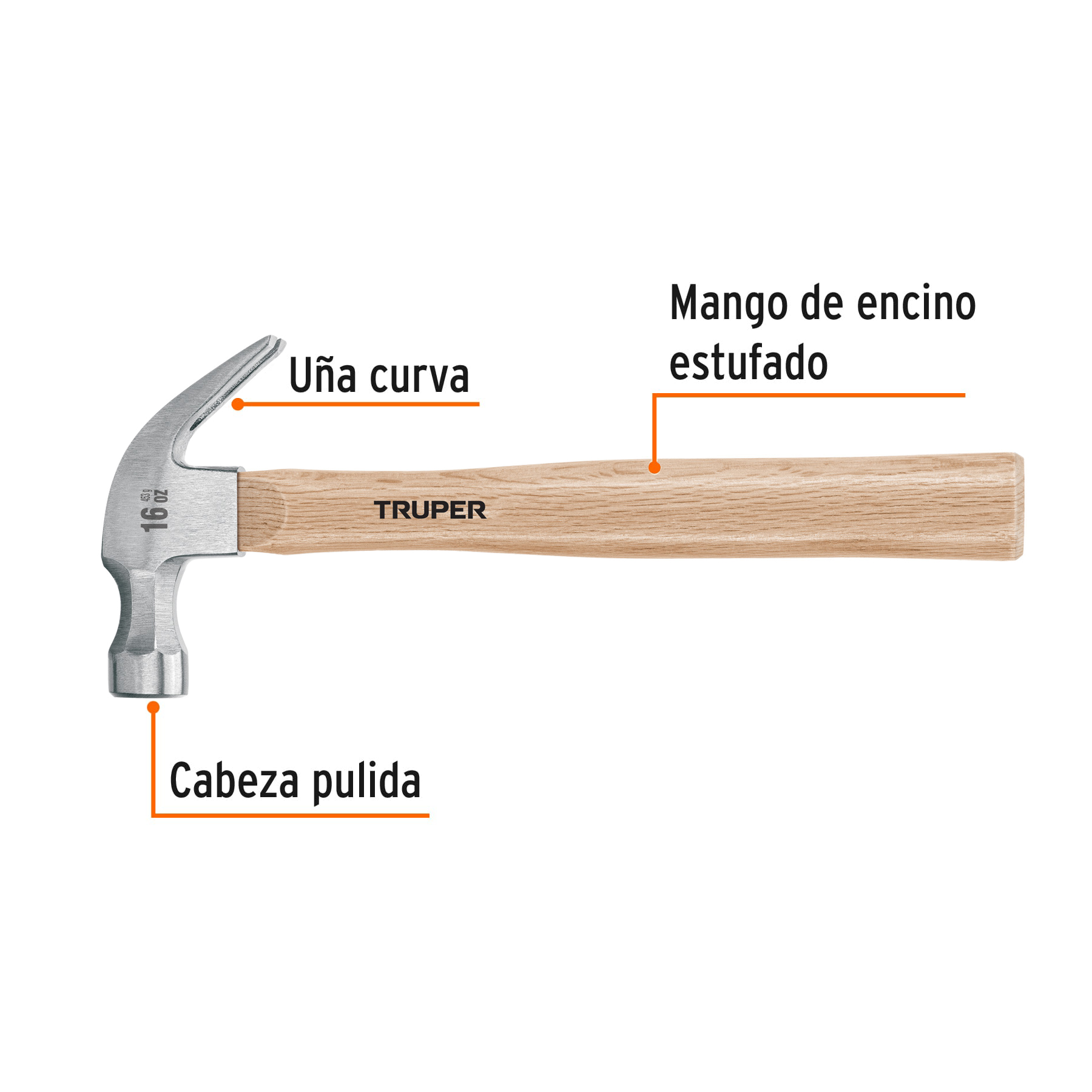 Martillo pulido, 16 oz, uña curva, mango madera, TRUPER TRUPER