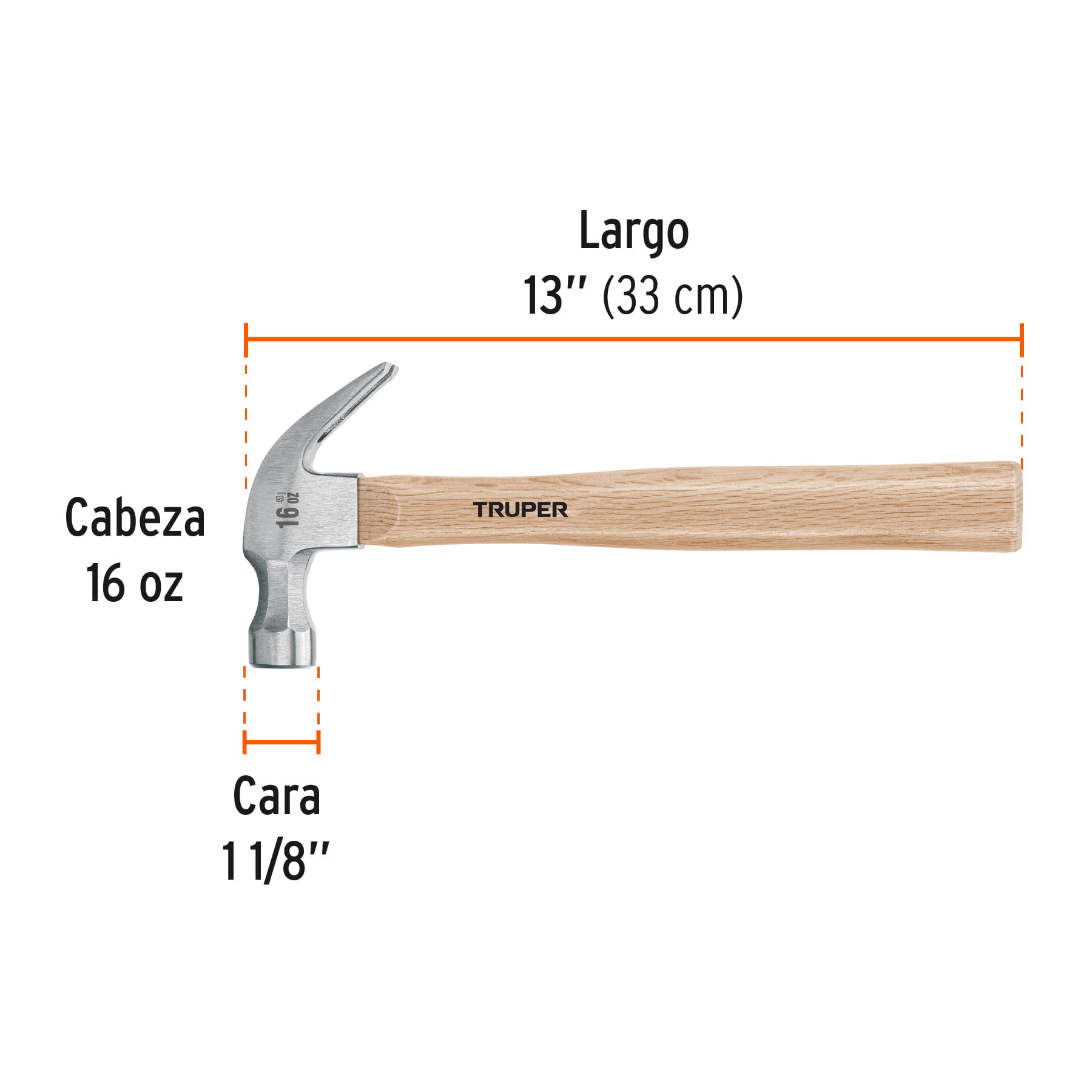 Martillo pulido, 16 oz, uña curva, mango madera, TRUPER TRUPER