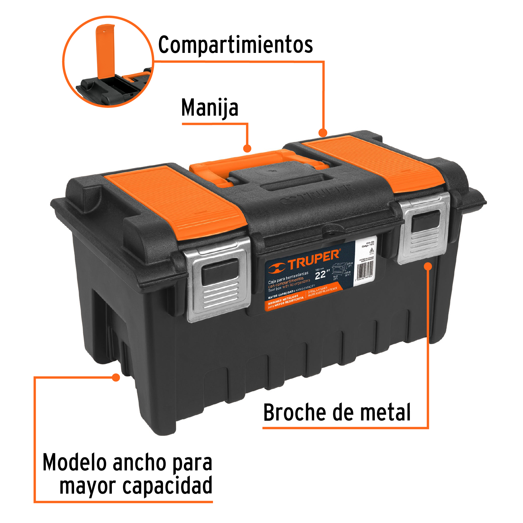 Caja p/herramienta 22" c/compartimentos y broches metálicos TRUPER