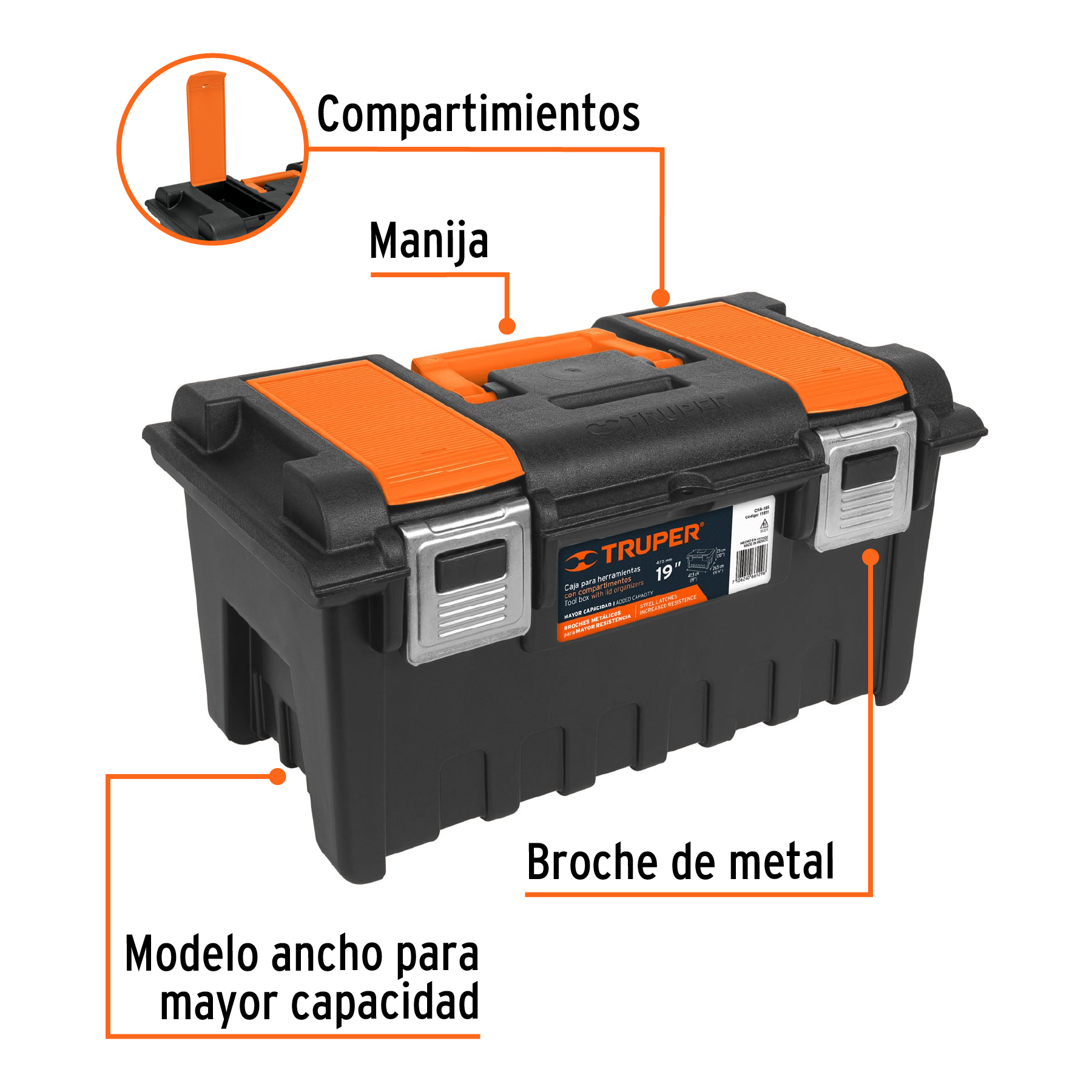 Caja p/herramienta 19" c/compartimentos y broches metálicos TRUPER