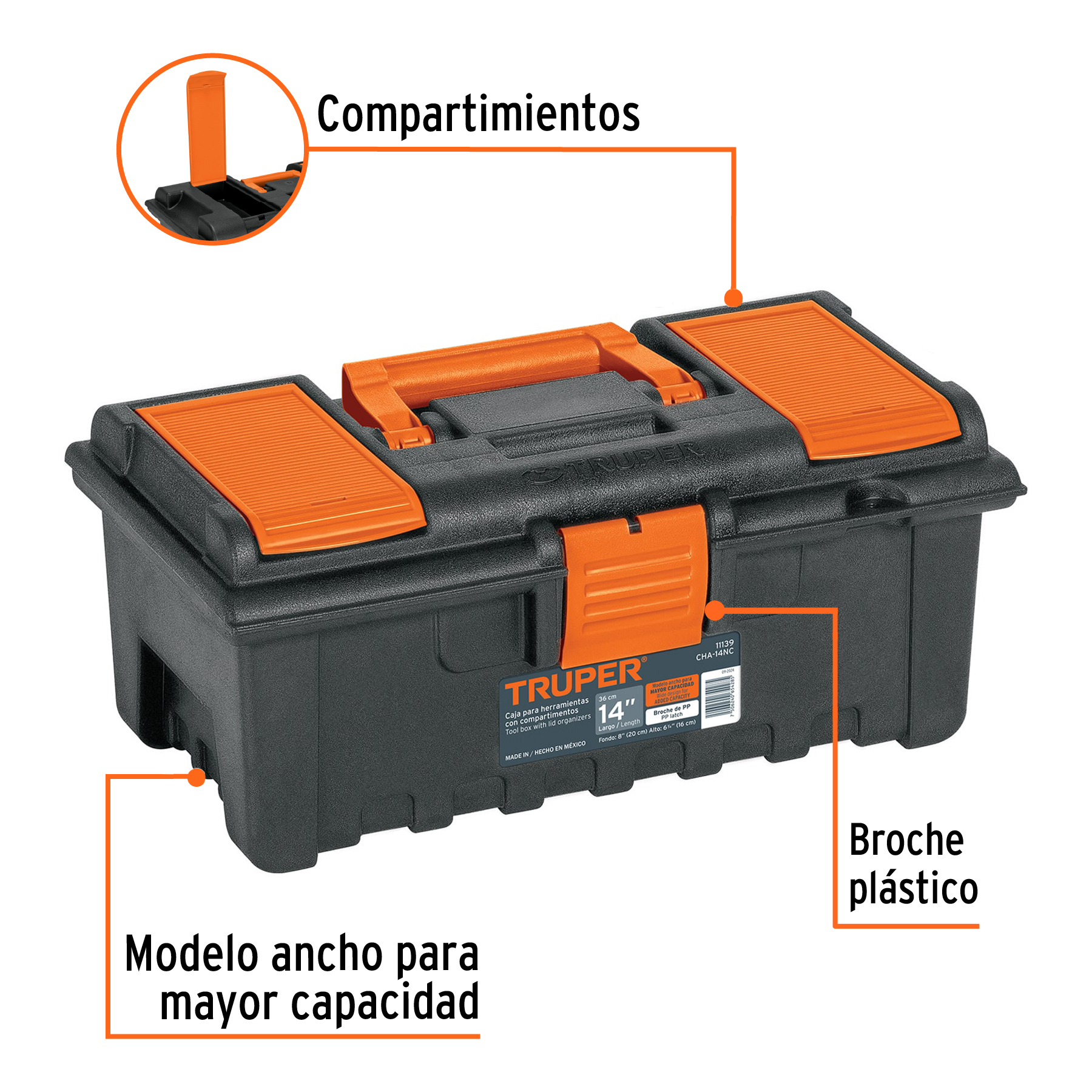 Caja para herramienta de 14" con compartimentos, TRUPER TRUPER