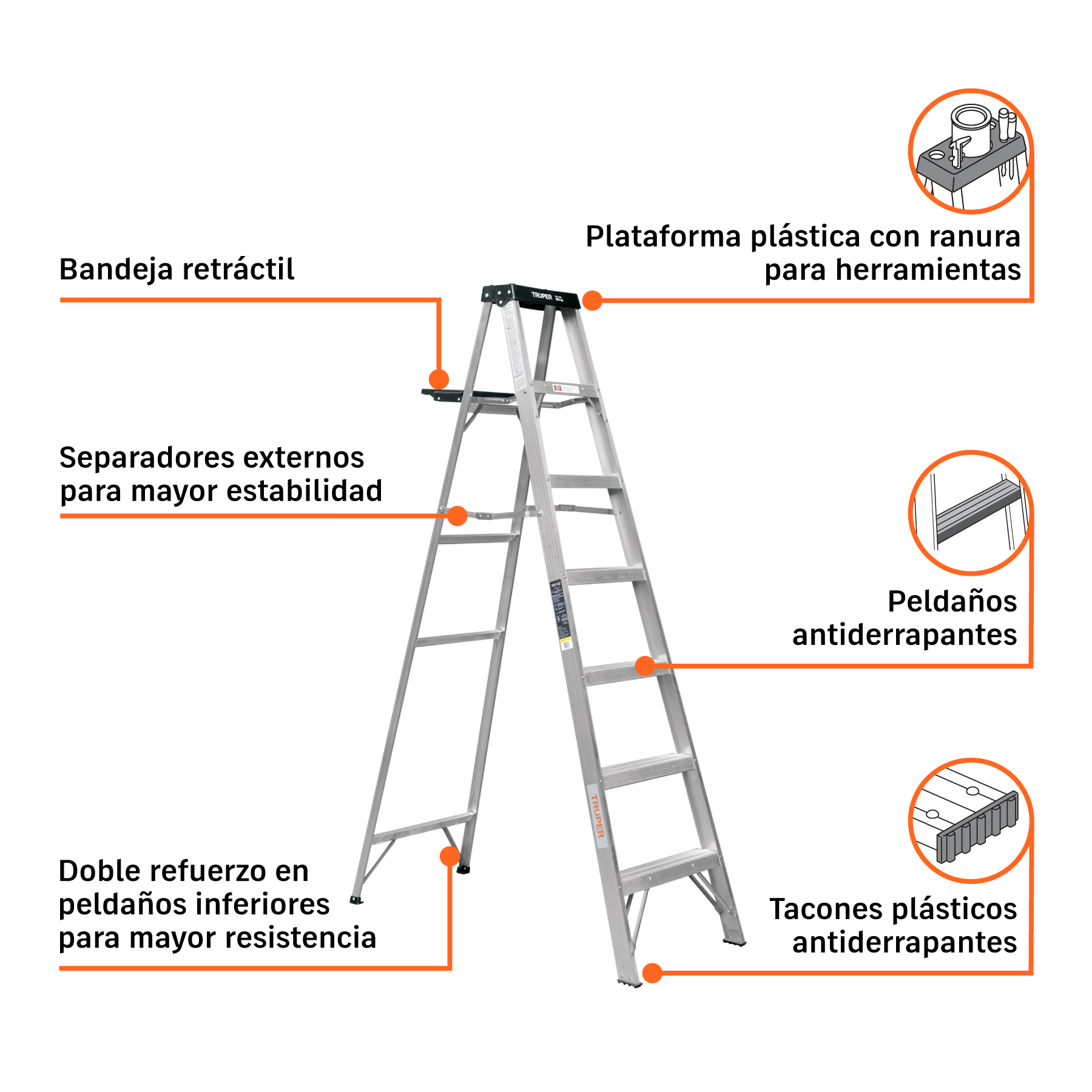 Escalera de tijera, tipo III, 6 peldaños y bandeja, TRUPER TRUPER