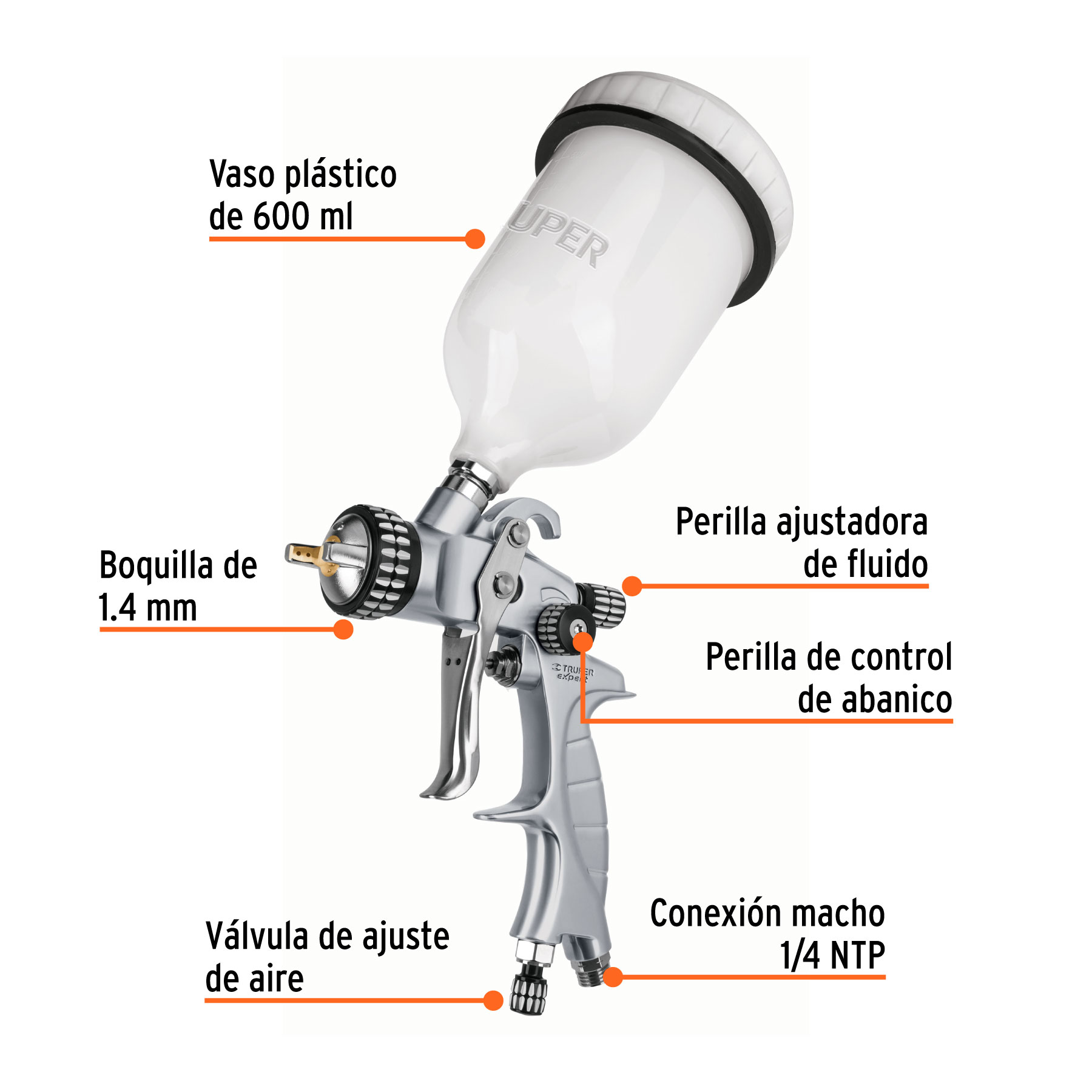 Pistola p/pintar gravedad HVLP vaso plástico, 1.4 mm, EXPERT TRUPER
