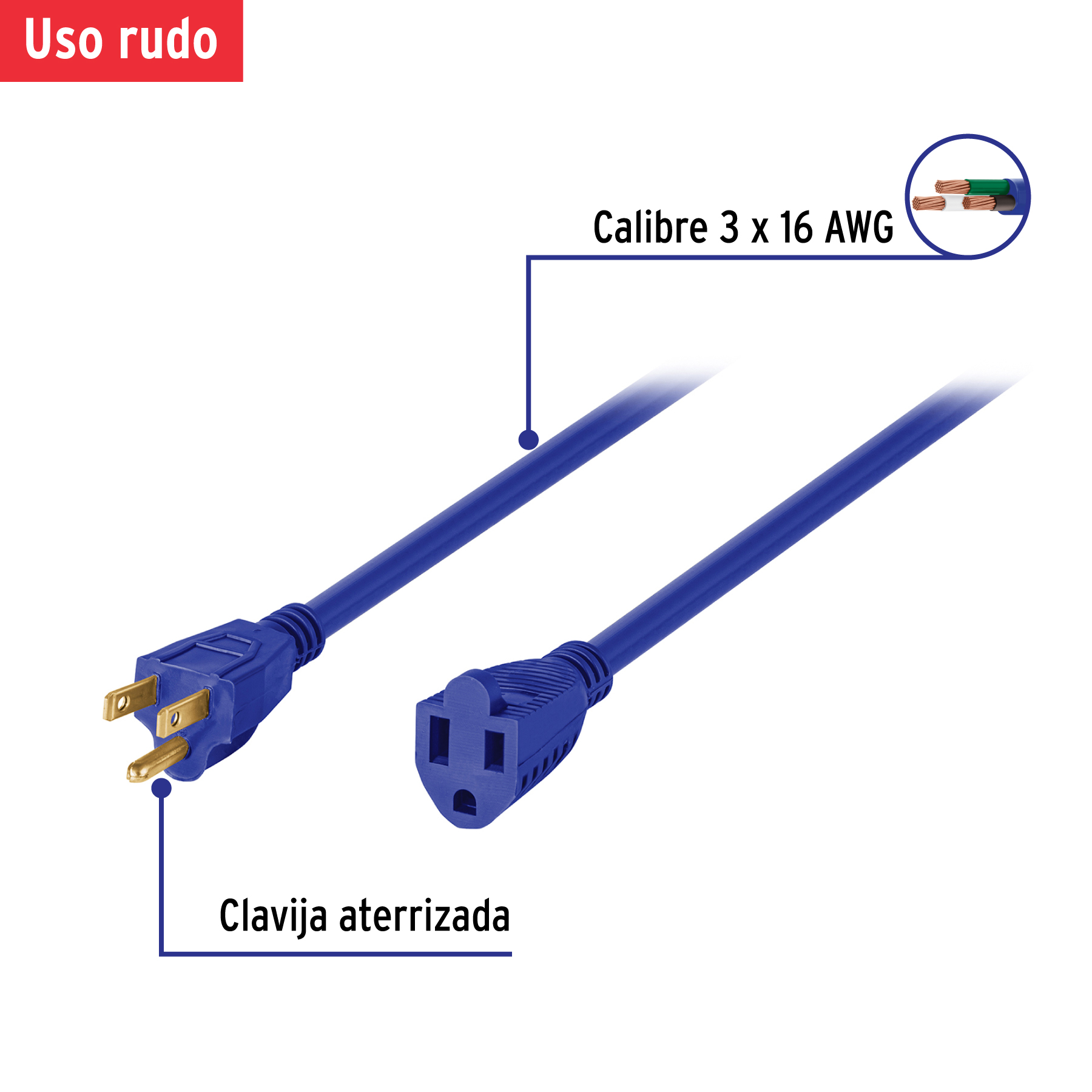 Extensión de uso rudo aterrizada 8 m 3x16 AWG, VOLTECK TRUPER