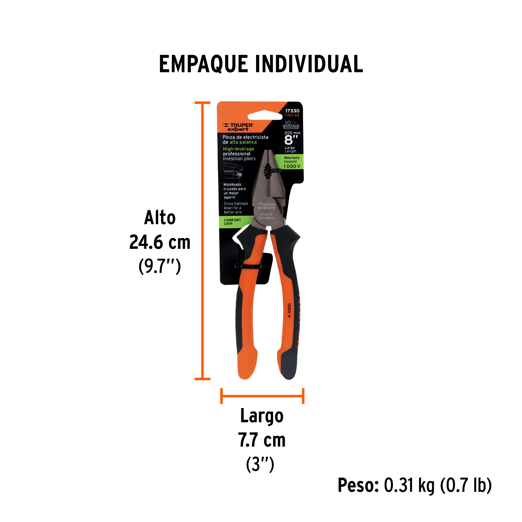 Pinza para electricista 8" alta palanca,Comfort Grip,EXPERT TRUPER
