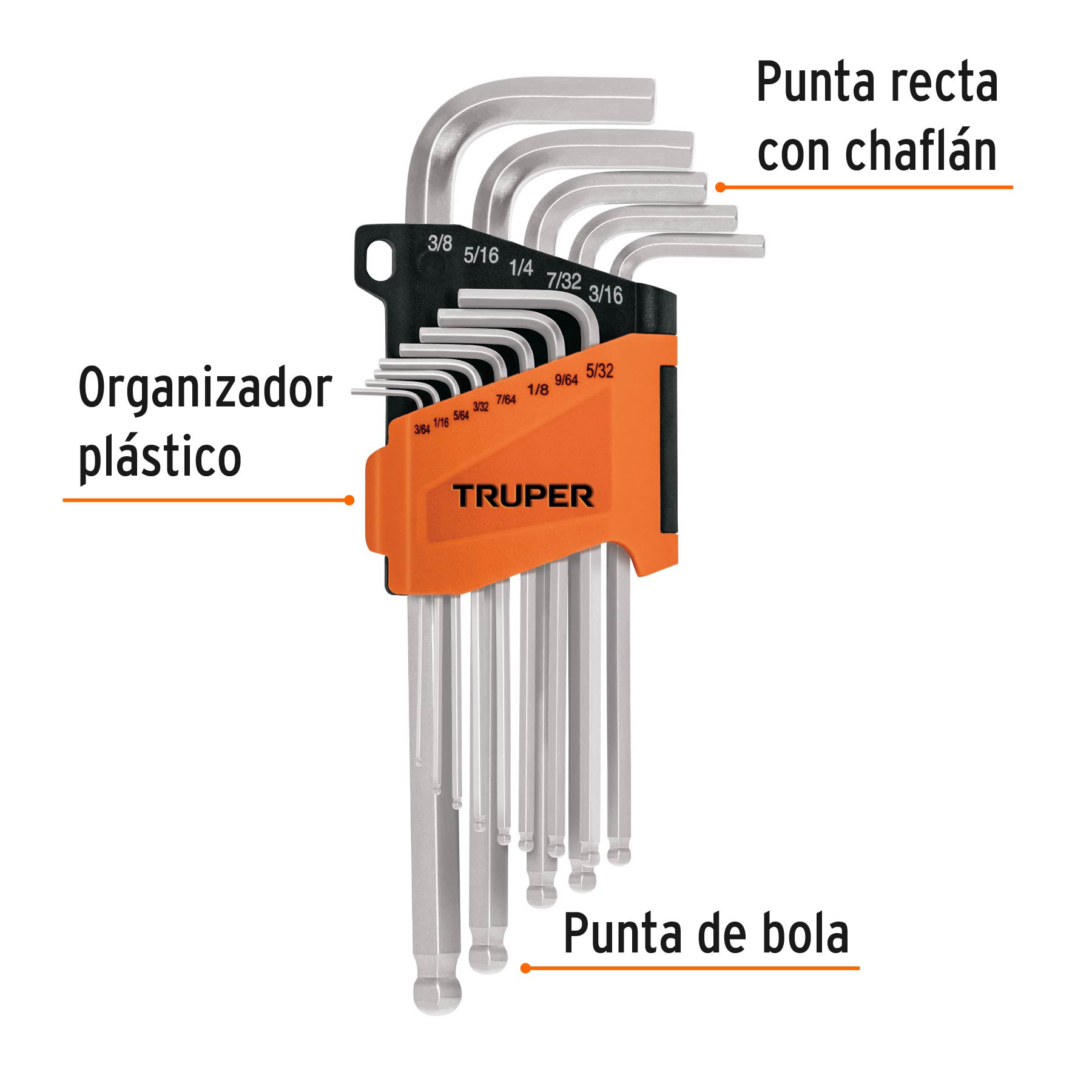 Juego de 13 llaves hexagonales std largas, punta de bola TRUPER