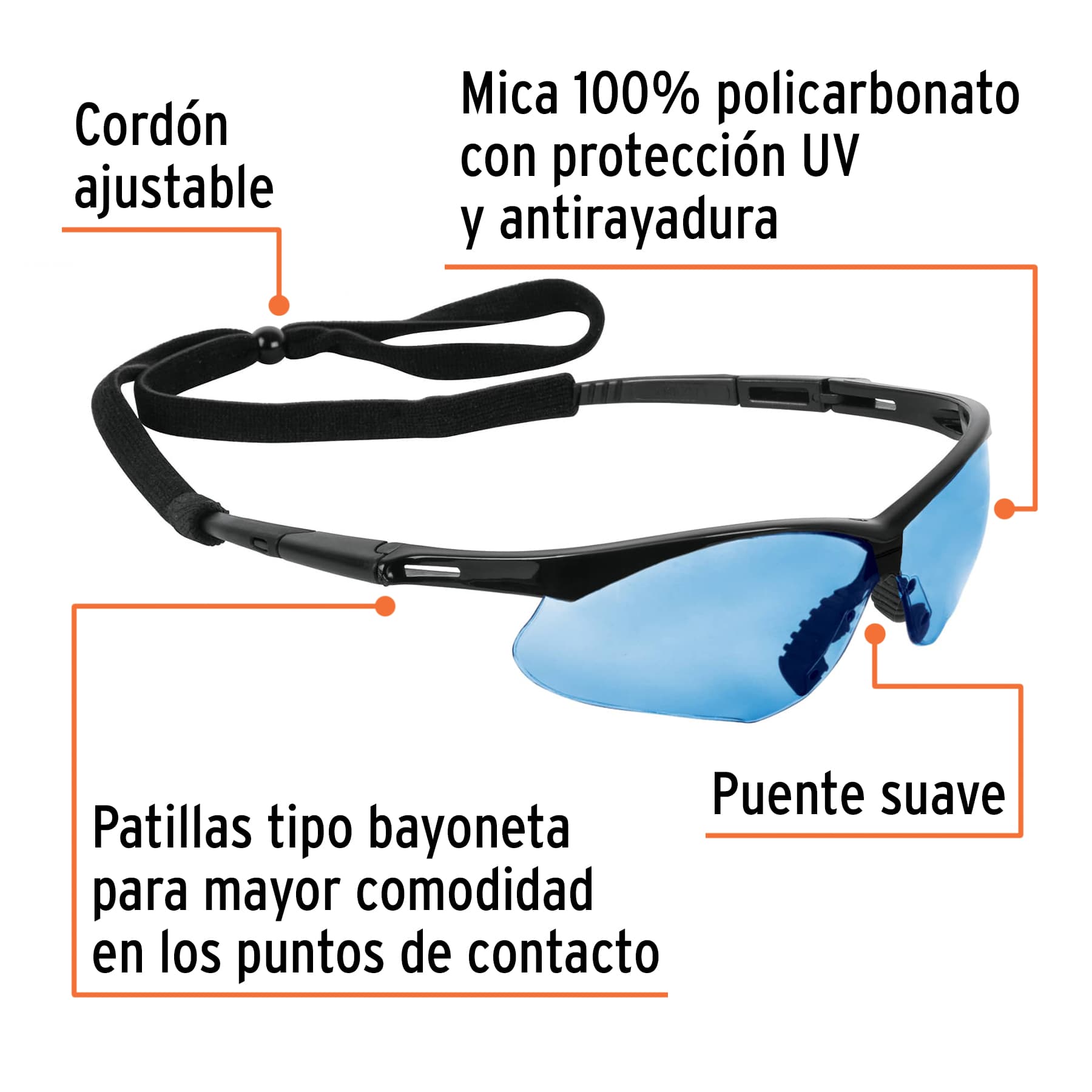 Lentes seguridad azul antiempaño, cordón ajustable, SPORT TRUPER