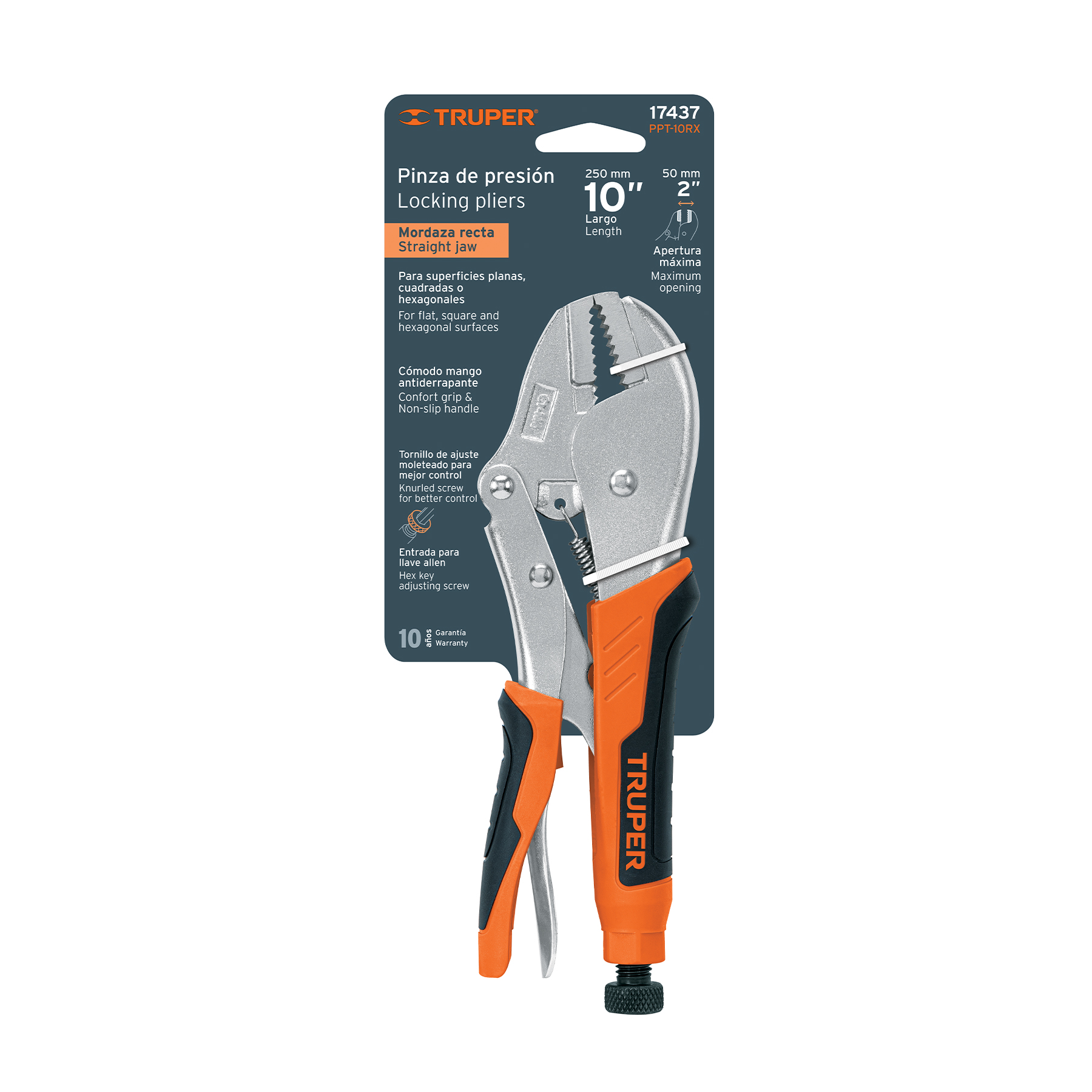 Pinza de presión 10" mordaza recta mango de vinil, TRUPER TRUPER
