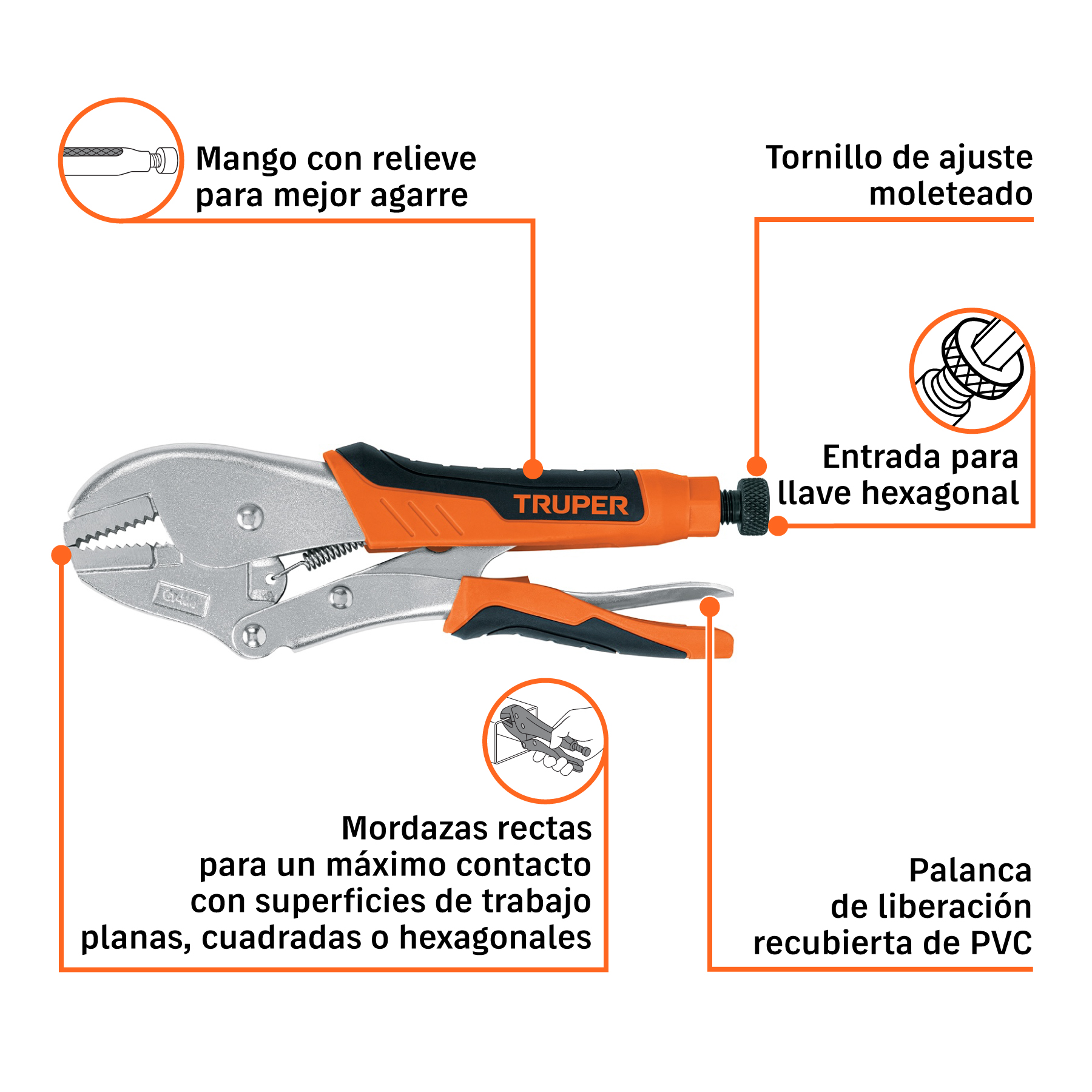 Pinza de presión 10" mordaza recta mango de vinil, TRUPER TRUPER