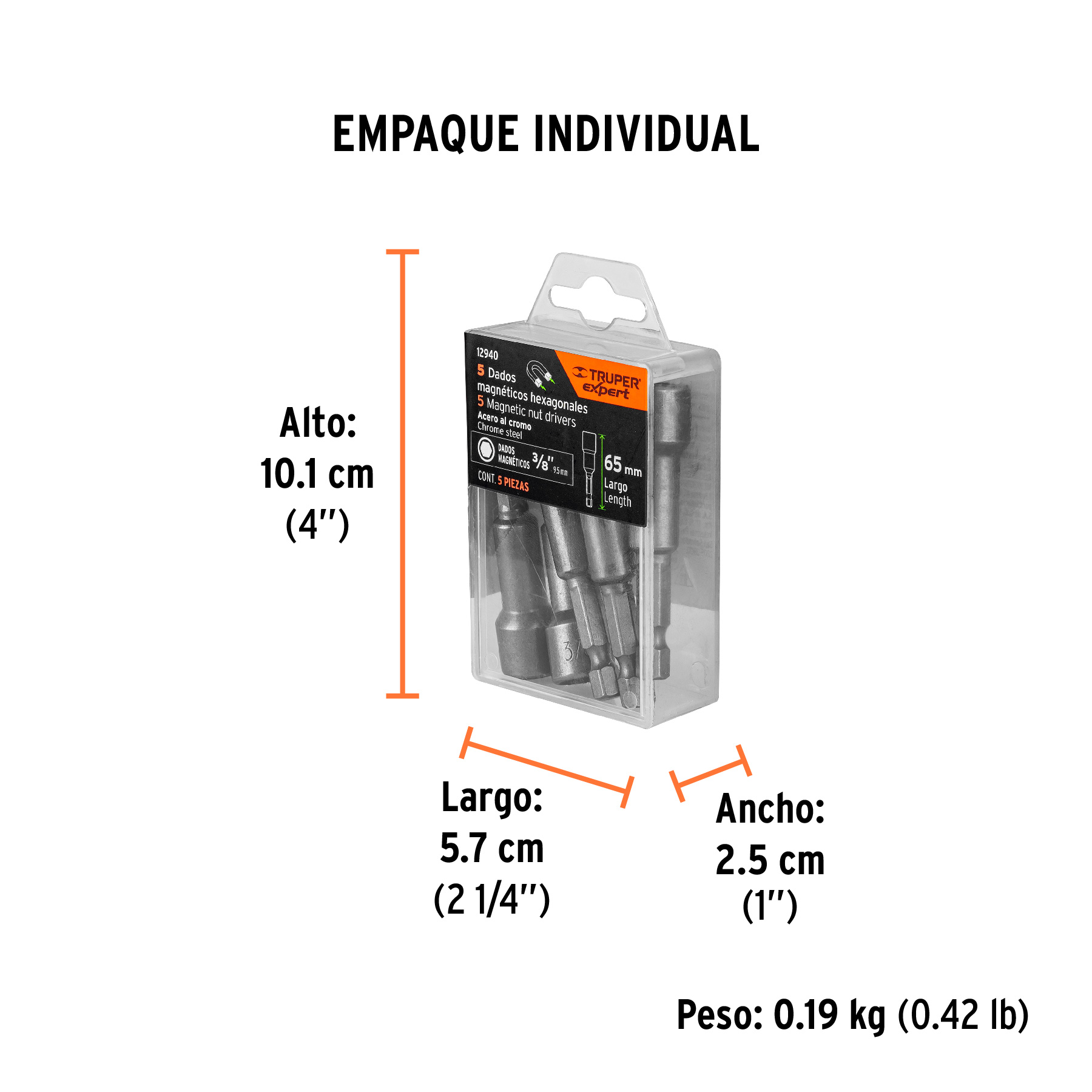 Estuche con 5 dados magnéticos de 3/8" largo 2-1/2", EXPERT TRUPER