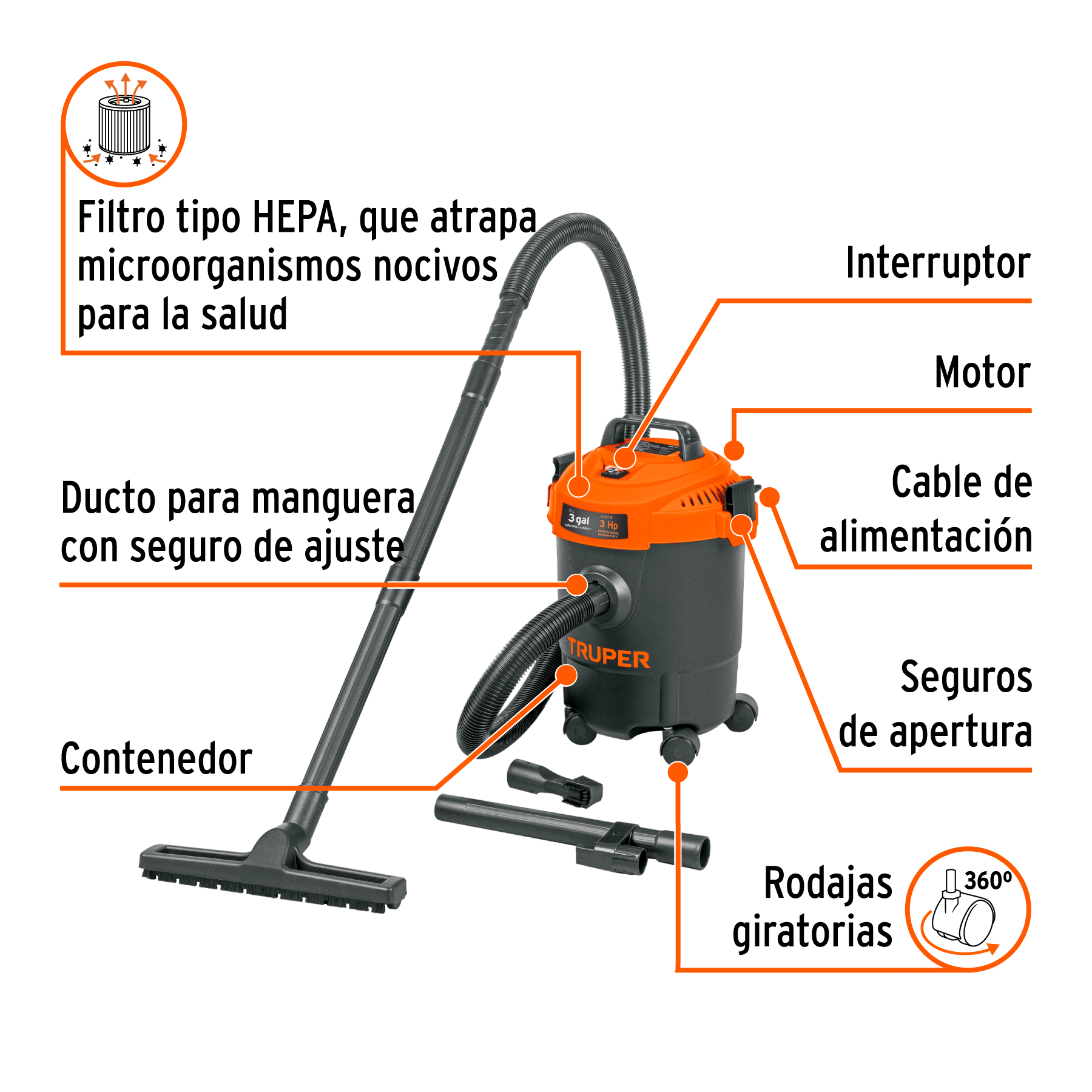 Aspiradora de sólidos y líquidos, 3 gal, plástica, negra TRUPER