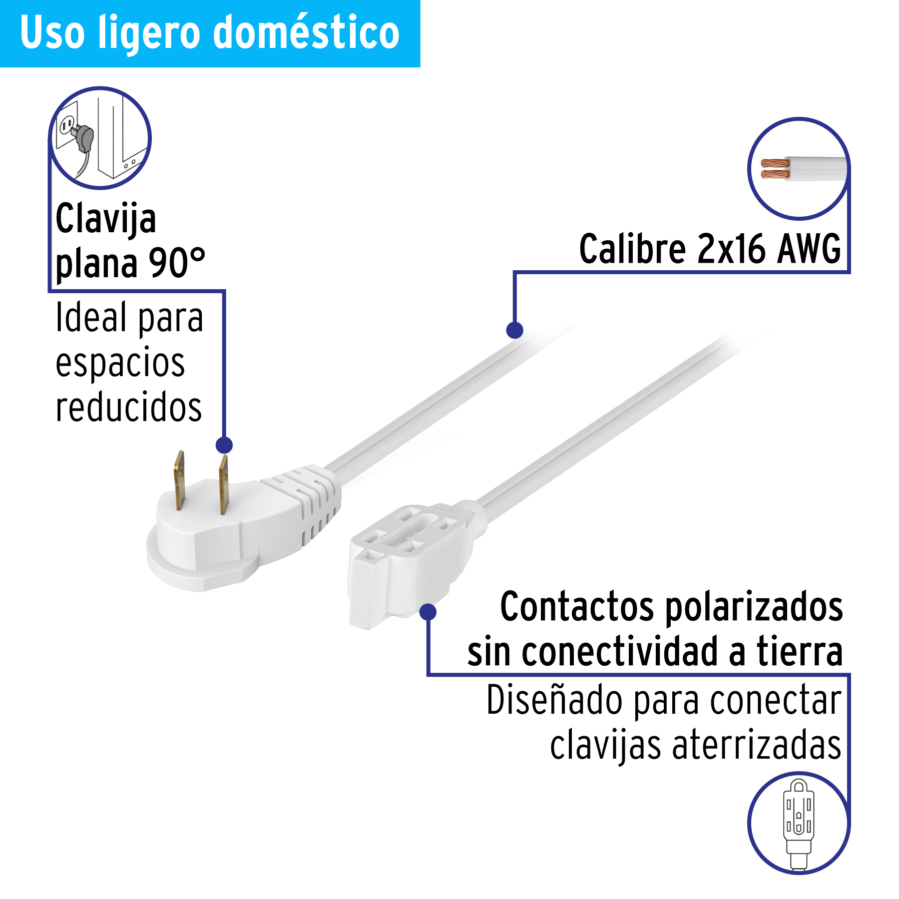 Extensión eléctrica doméstica 6 m clavija plana, blanca TRUPER