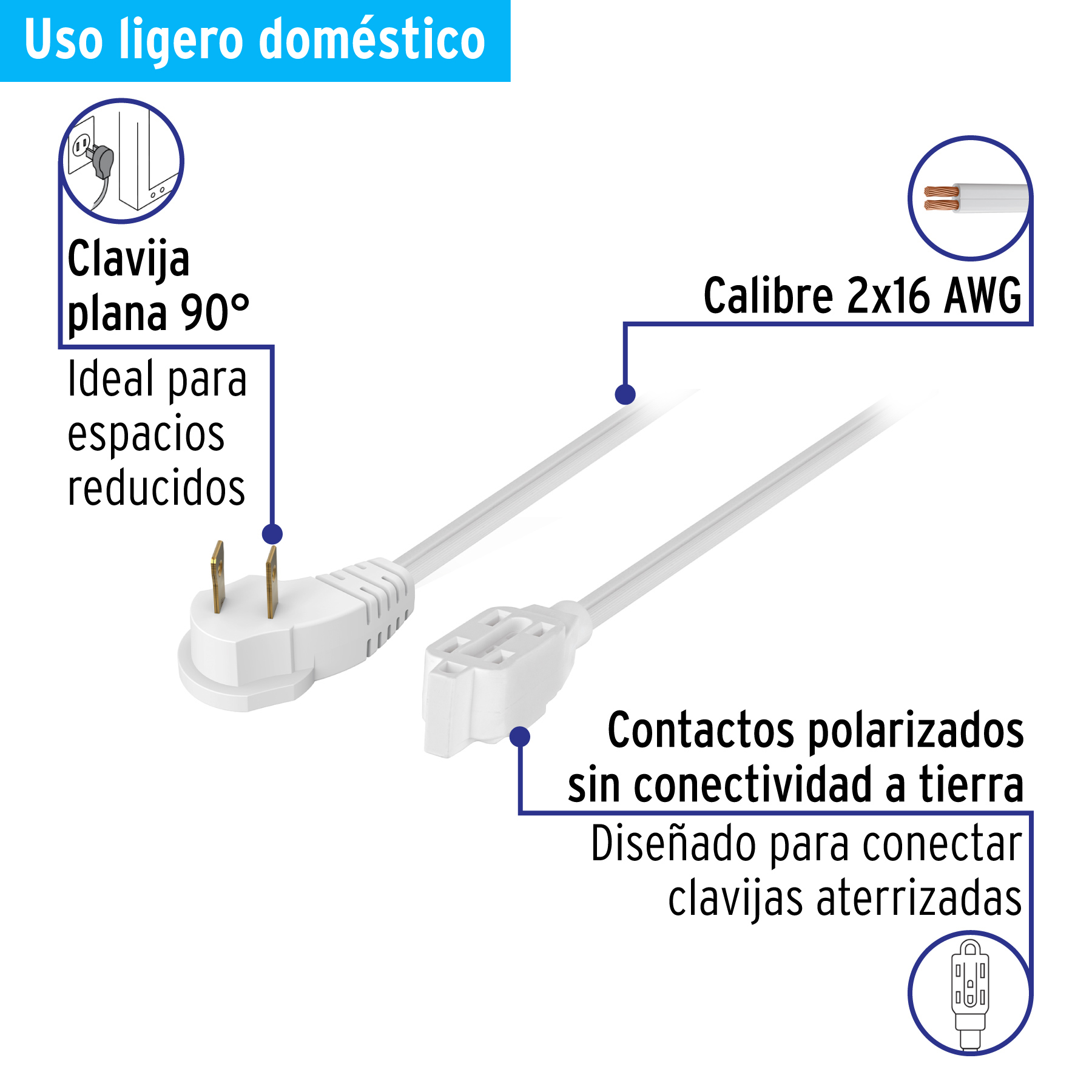 Extensión eléctrica doméstica 5 m clavija plana, blanca TRUPER