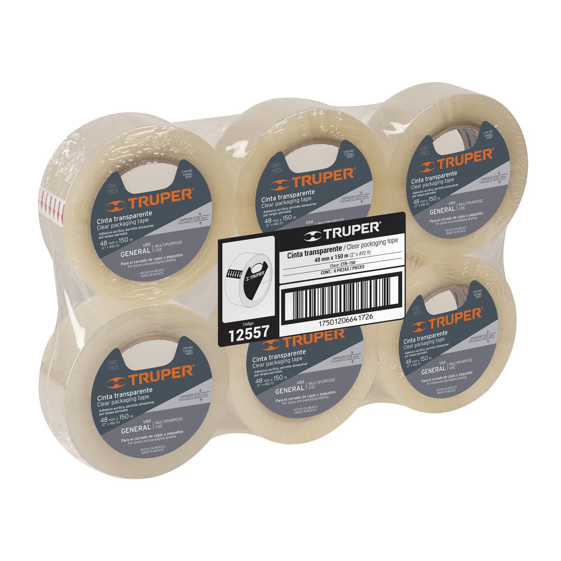 Cinta de empaque 48 mm x 150 m transparente, TRUPER TRUPER