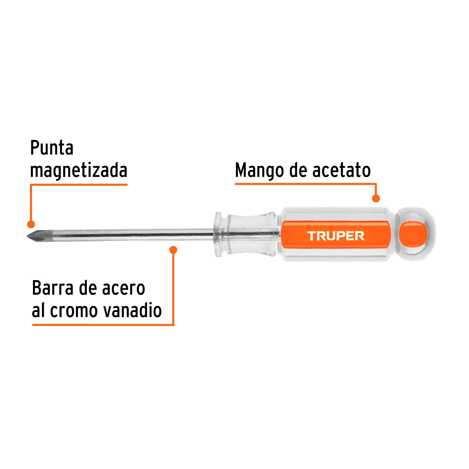 Desarmador de cruz 3/16" x 3" mango de acetato, TRUPER TRUPER