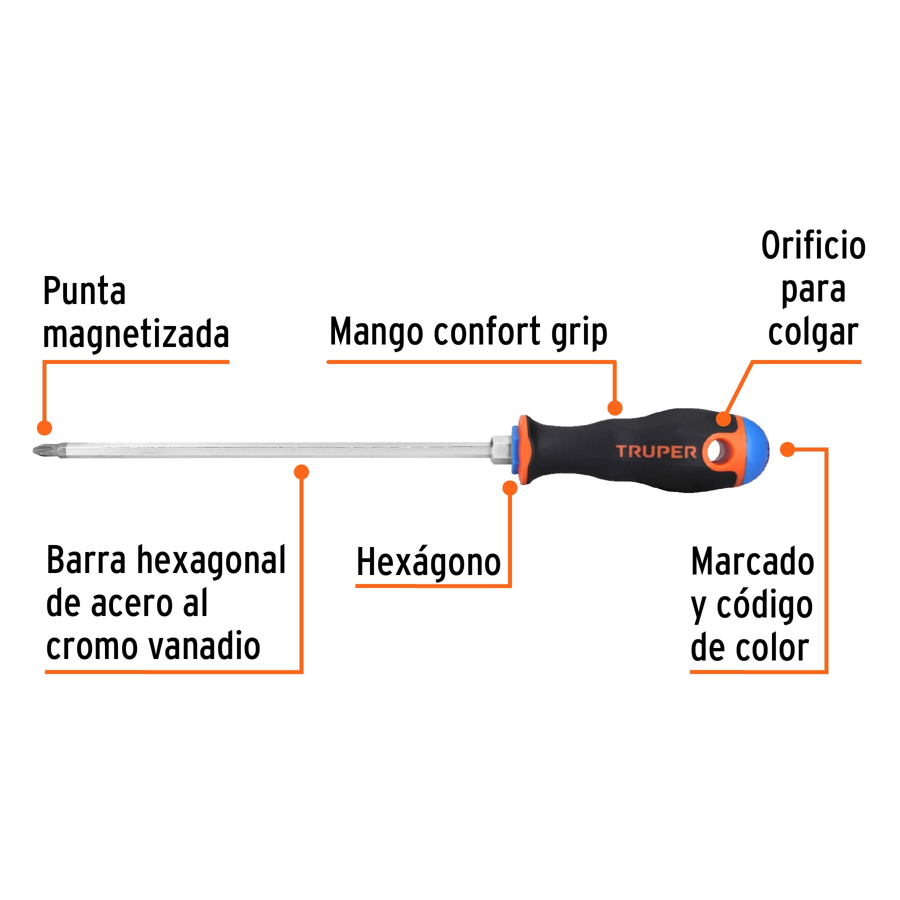 Desarmador de cruz 1/4" x 8" mango Comfort Grip, TRUPER TRUPER