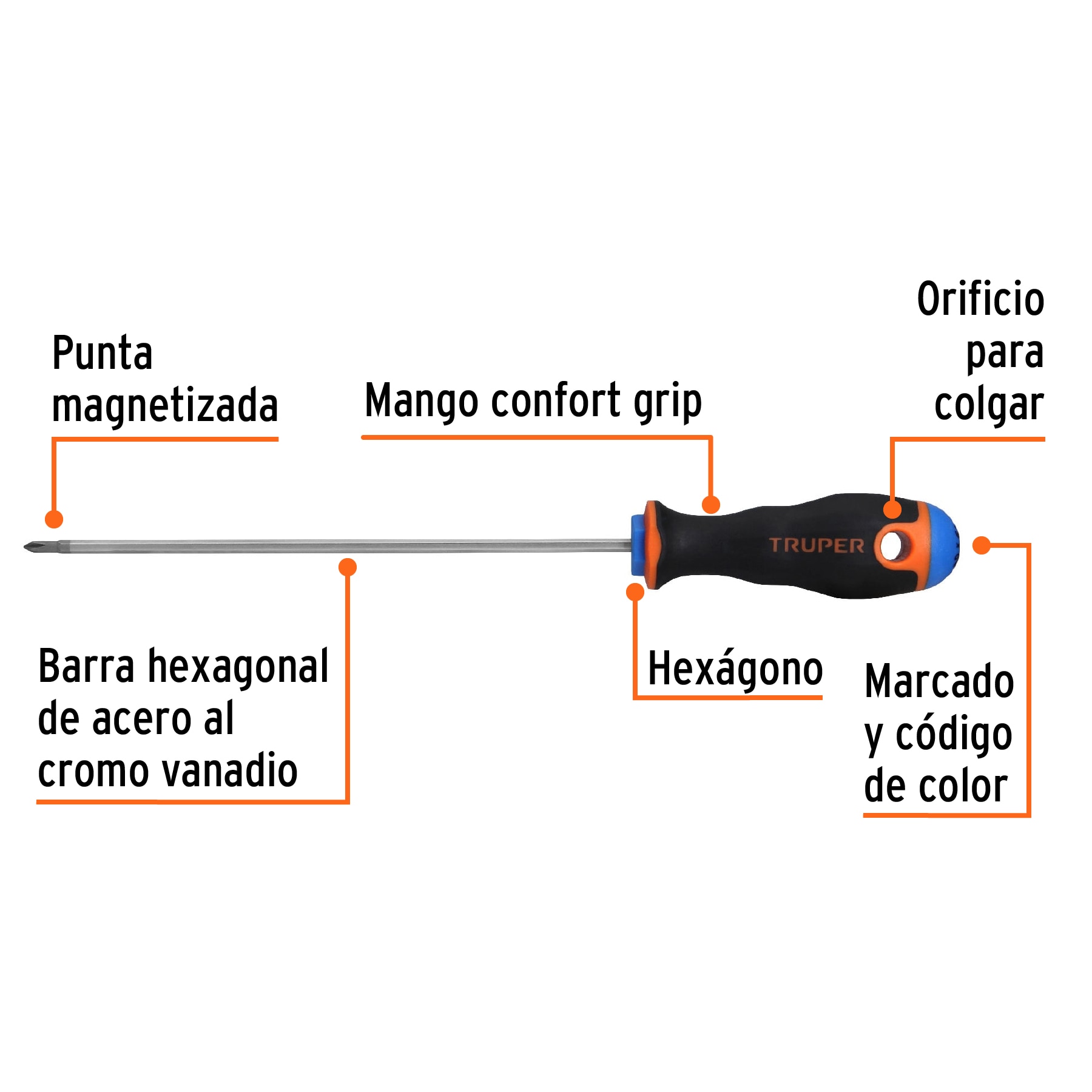 Desarmador de cruz 1/8" x 6" mango Comfort Grip, TRUPER TRUPER