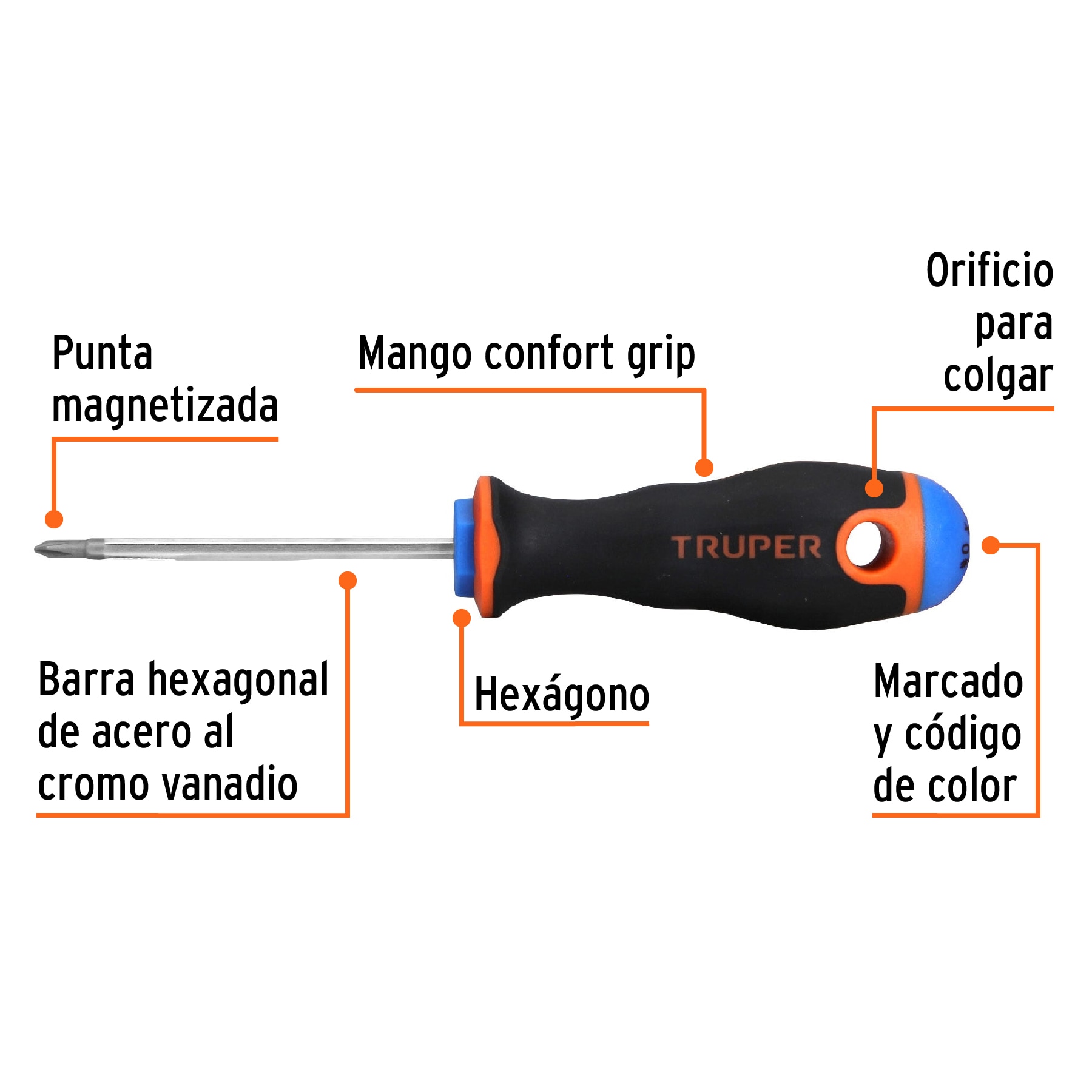 Desarmador de cruz 1/8" x 2-1/2" mango Comfort Grip, TRUPER TRUPER
