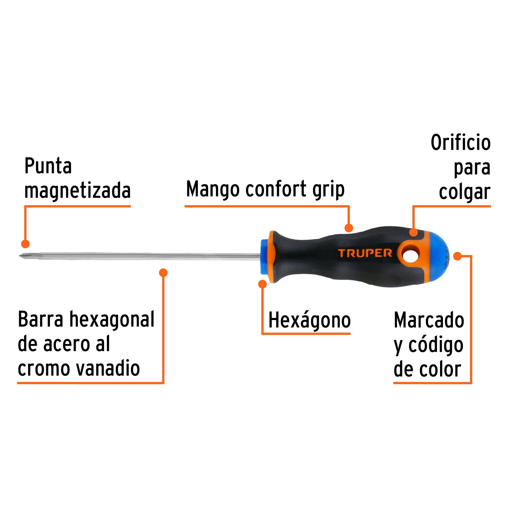 Desarmador de cruz 1/8" x 4" mango Comfort Grip, TRUPER TRUPER