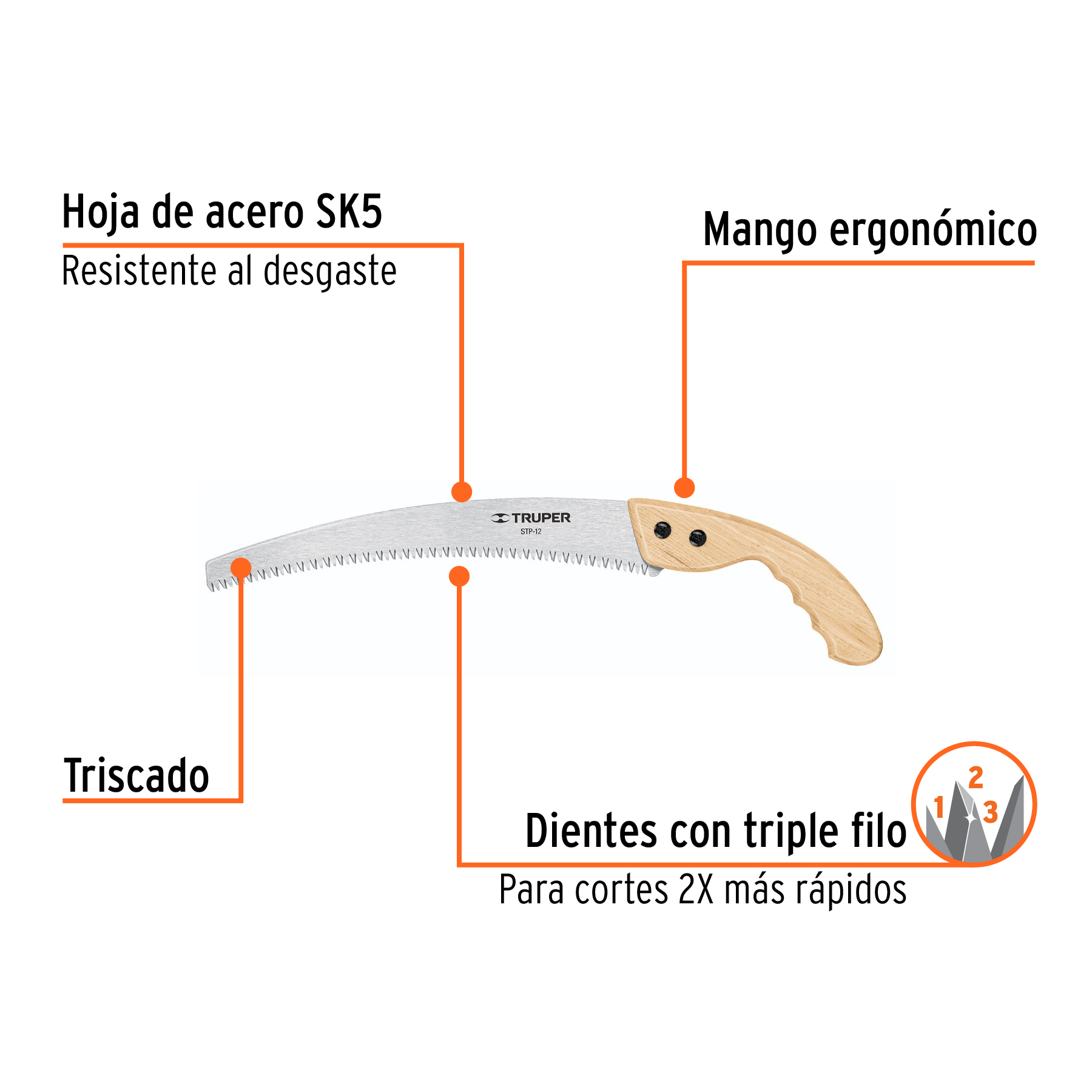 Serrucho de poda 12",hoja curva,6 DPP, mango madera, TRUPER TRUPER