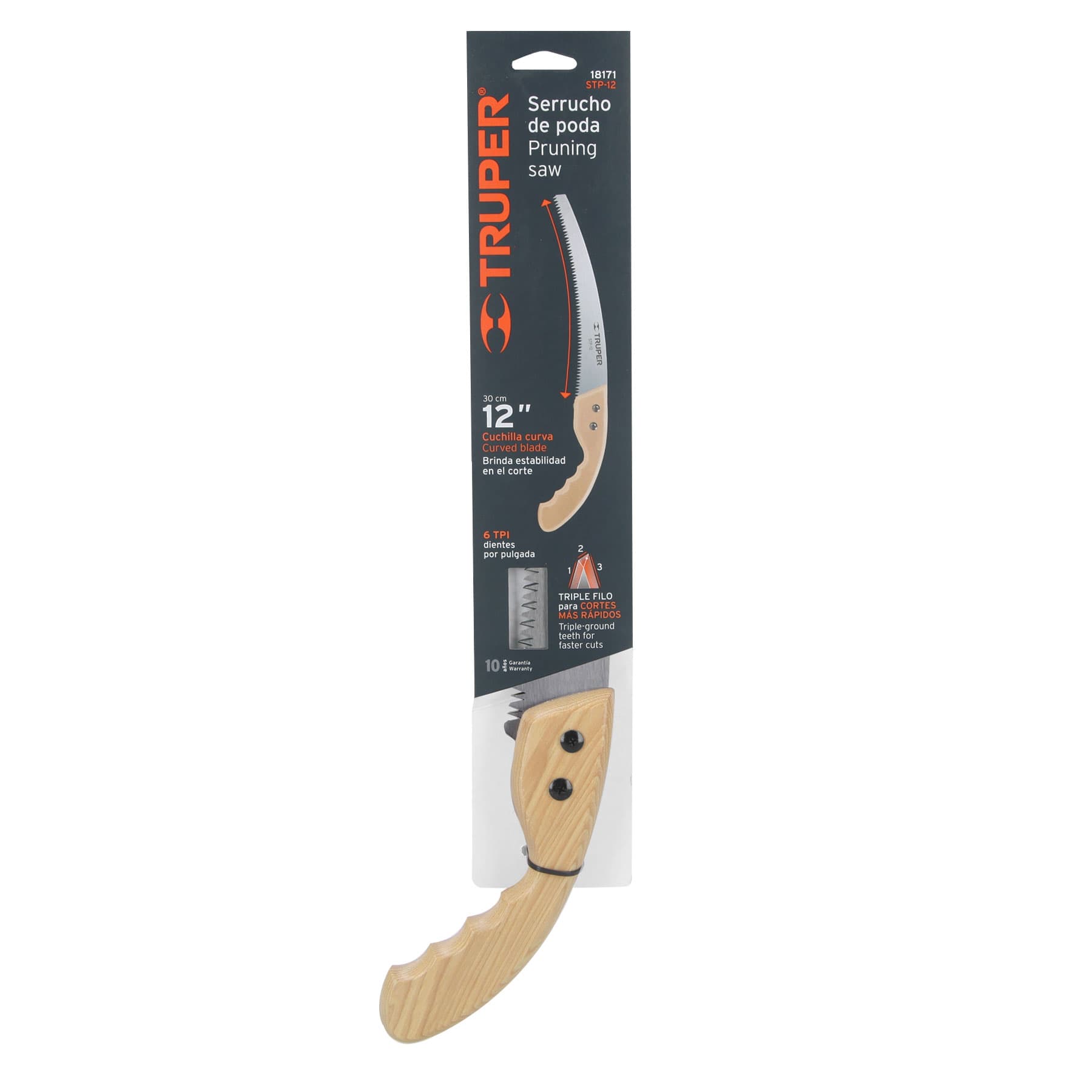 Serrucho de poda 12",hoja curva,6 DPP, mango madera, TRUPER TRUPER