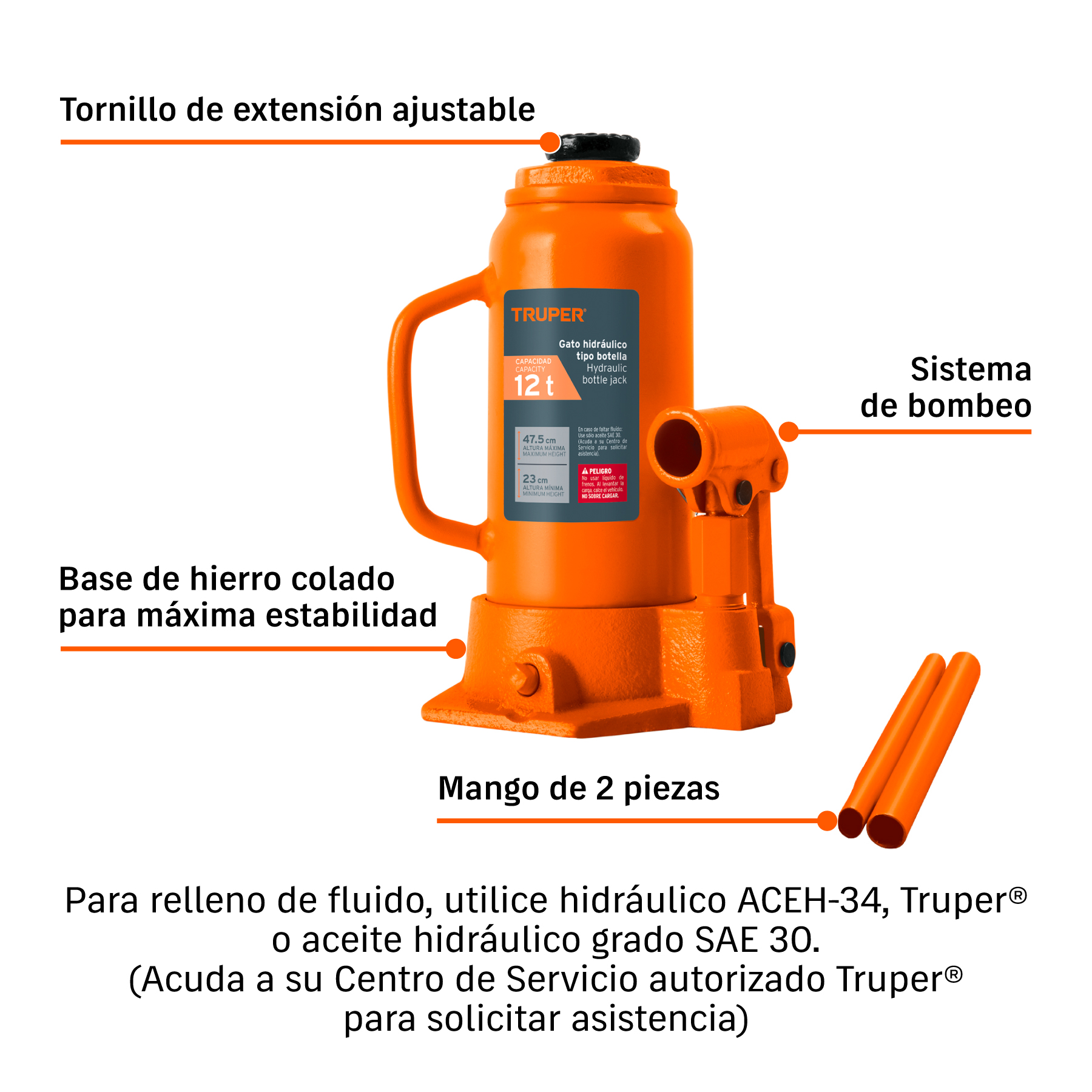 Gato hidráulico de botella de 12 Ton, TRUPER TRUPER